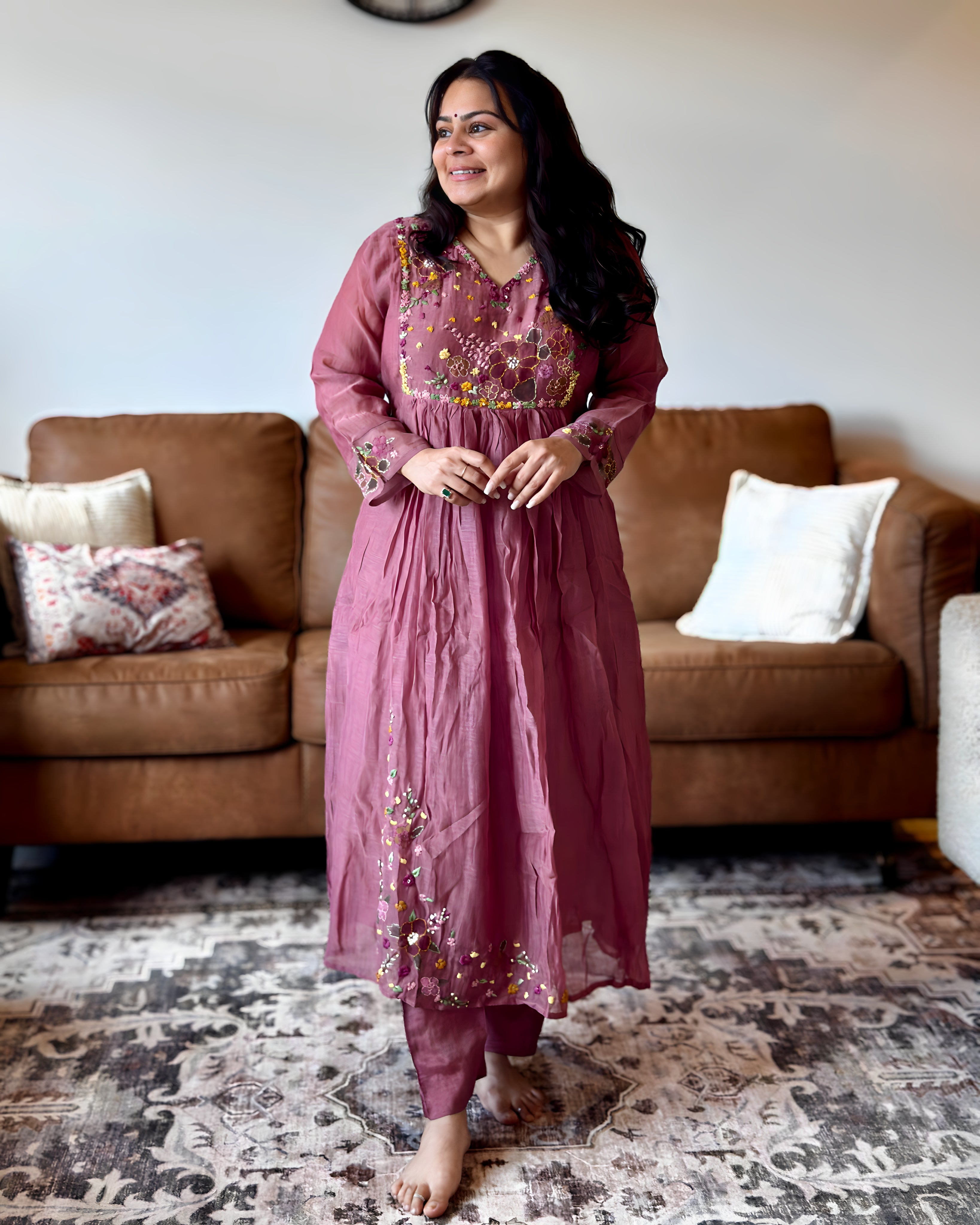 Dhwani wearing purple mul chanderi floral embroidered anarkali suit with matching dupatta – Go Desi Canada