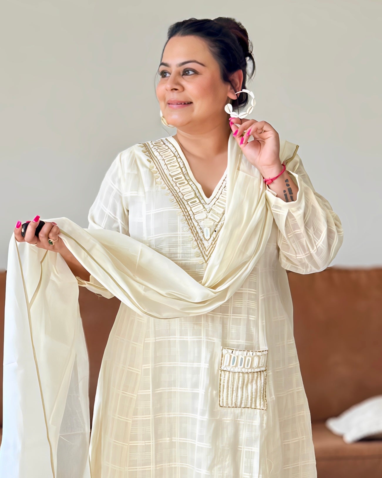 Dhwani wearing premium ivory mul chanderi checkered suit with mirror and zari embroidery – Go Desi Canada