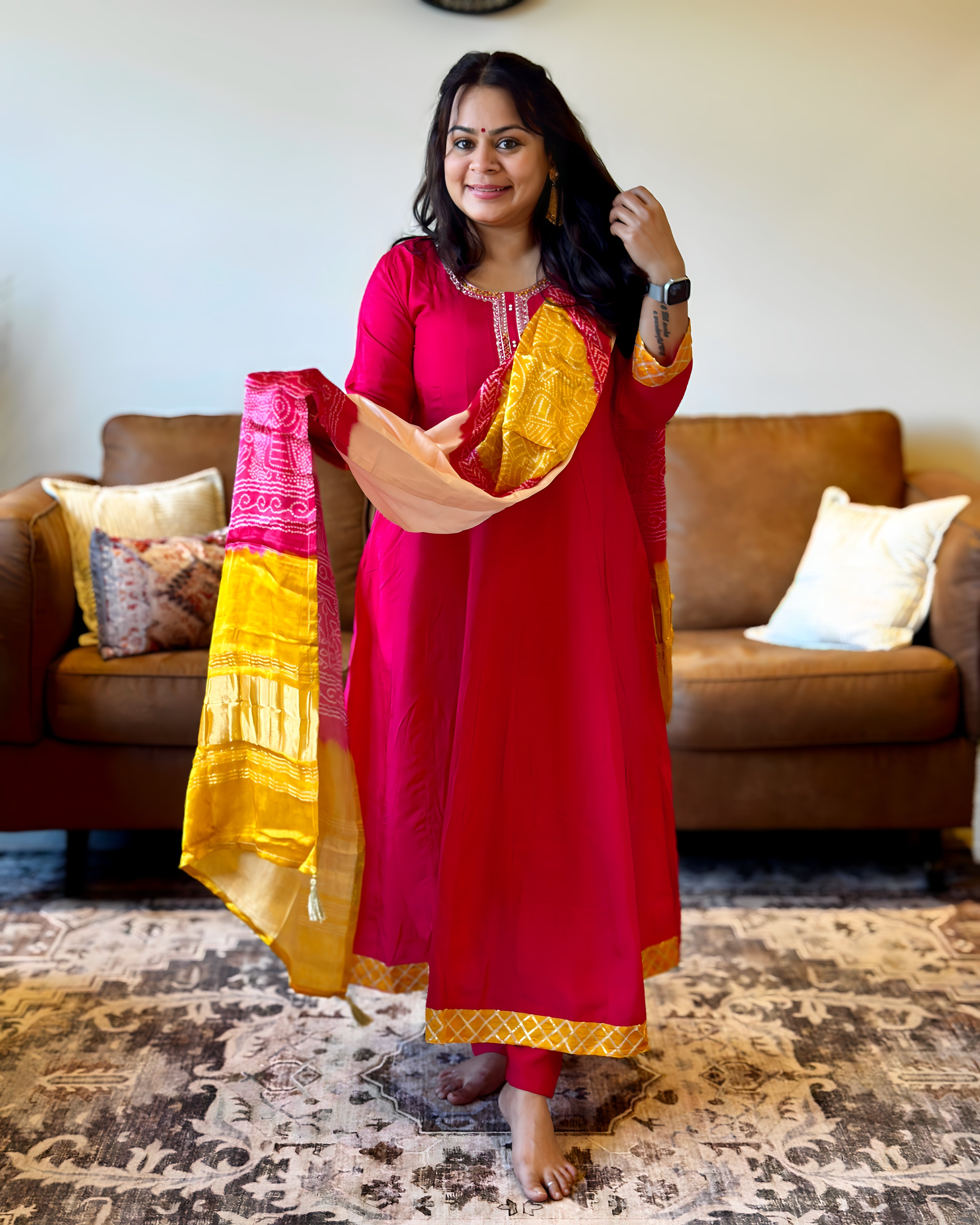 Dhwani wearing Pink & Yellow Bandhani Dupatta dress available in Canada and USA