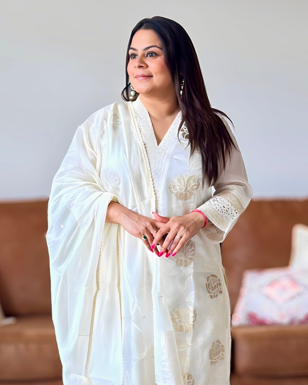 Dhwani wearing ivory glass tissue golden embroidered suit with lace detailing and matching dupatta – Go Desi Canada