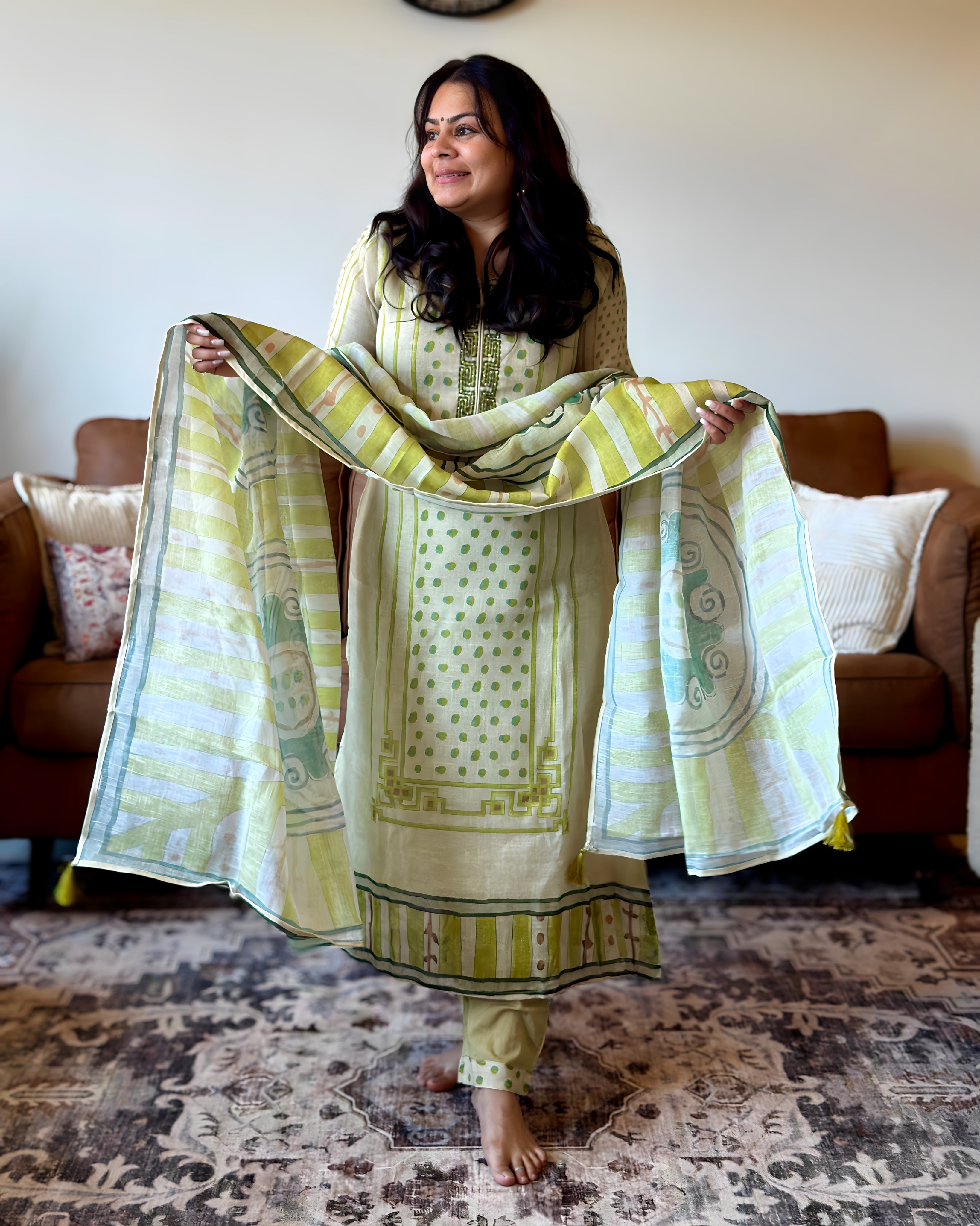 Dhwani wearing premium cotton green printed suit with embroidered neckline and matching dupatta – Go Desi Canada