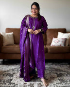 Purple Gota Patti Premium Russian Silk Suit Set – Festive Ethnic Wear with Round Neck