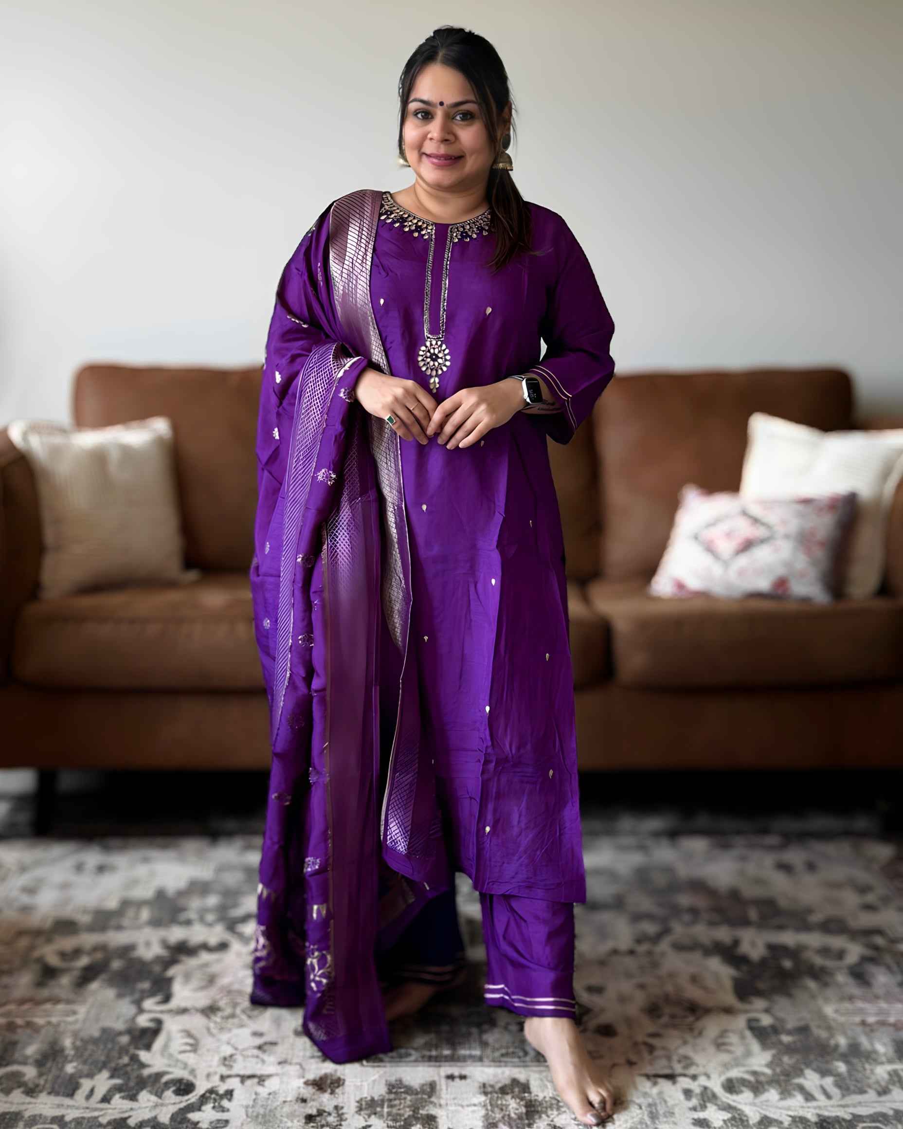 Purple Gota Patti Premium Russian Silk Suit Set – Festive Ethnic Wear with Round Neck