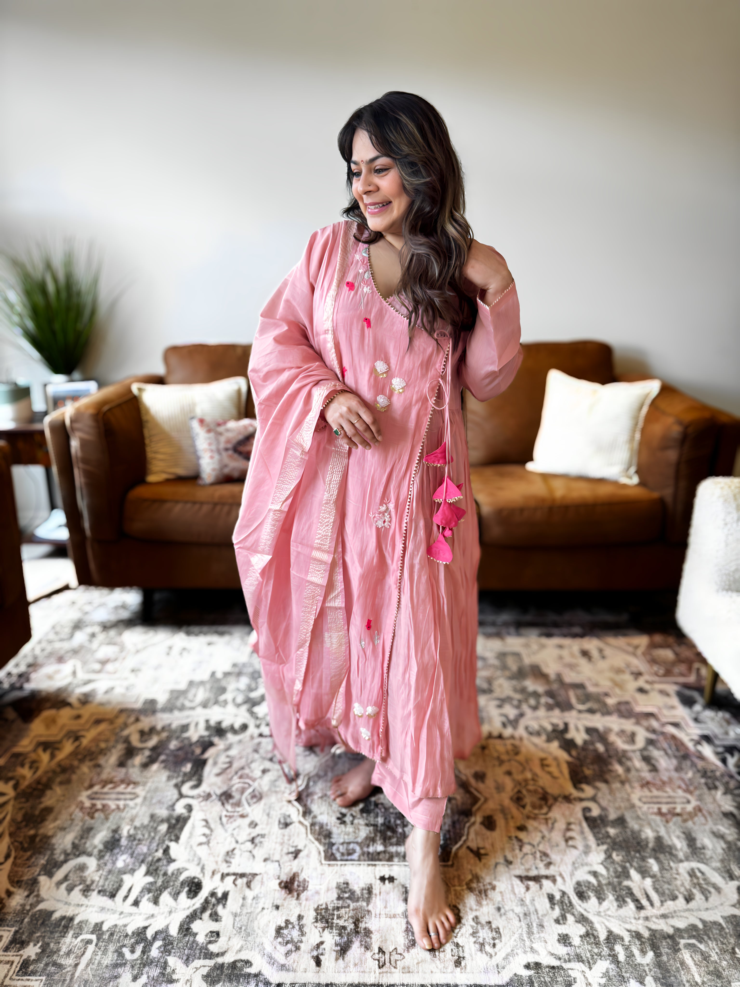 Baby Pink Mul Chanderi Kurta Set for Women