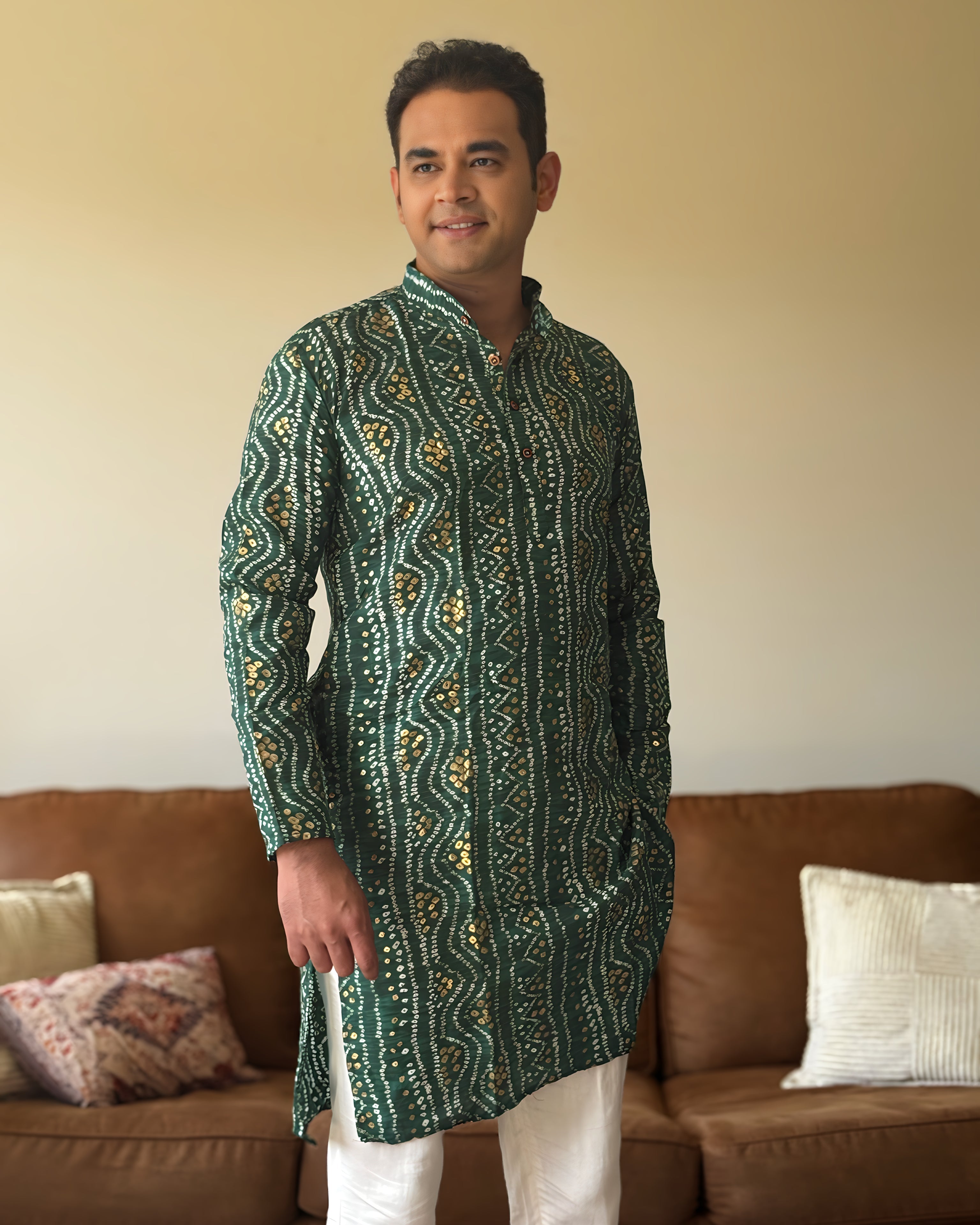 Green Bandhani Men Kurta