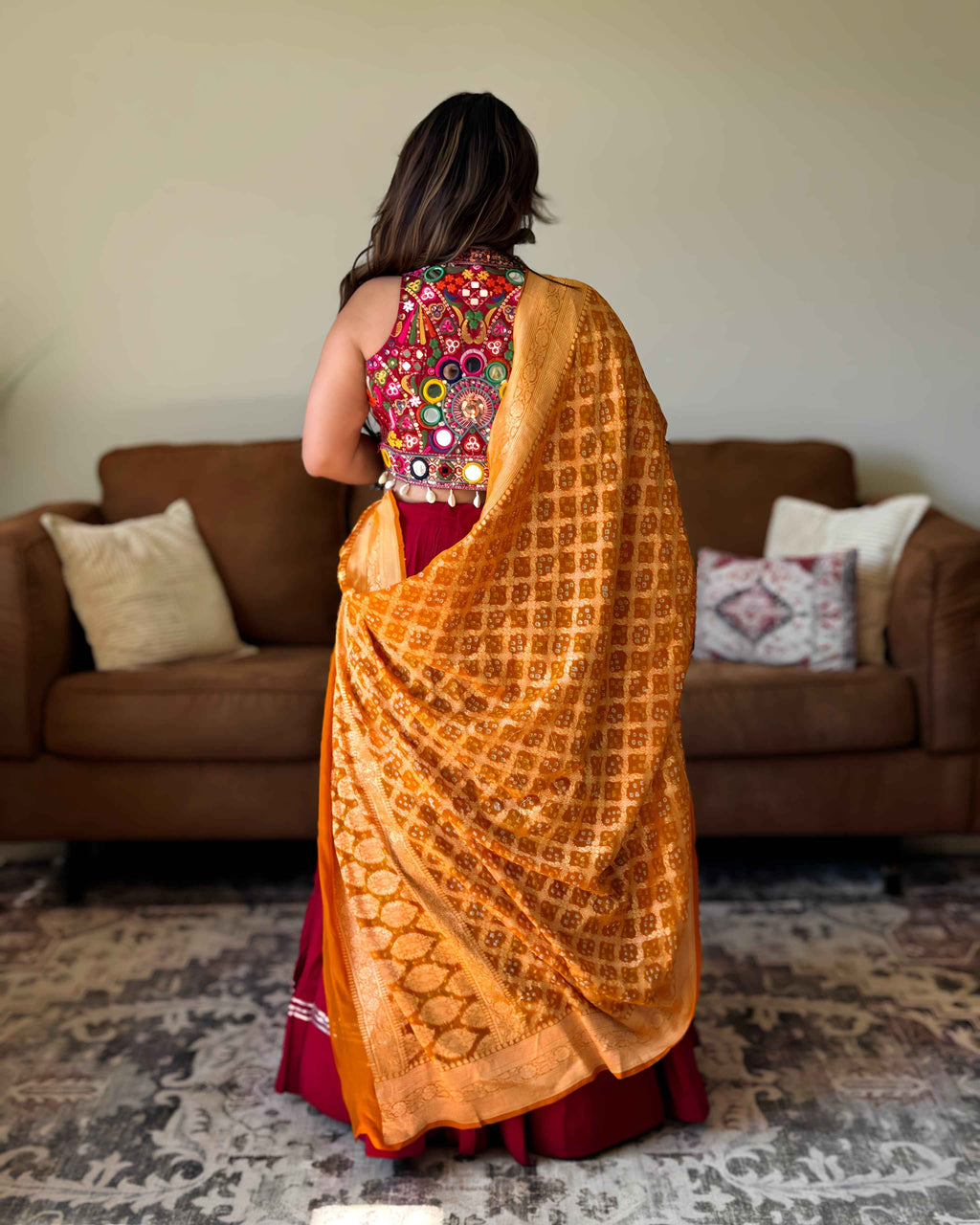 Red Multicolor Chaniya Choli with Authentic Orange Bandhani Dupatta – 18 Metre Gher