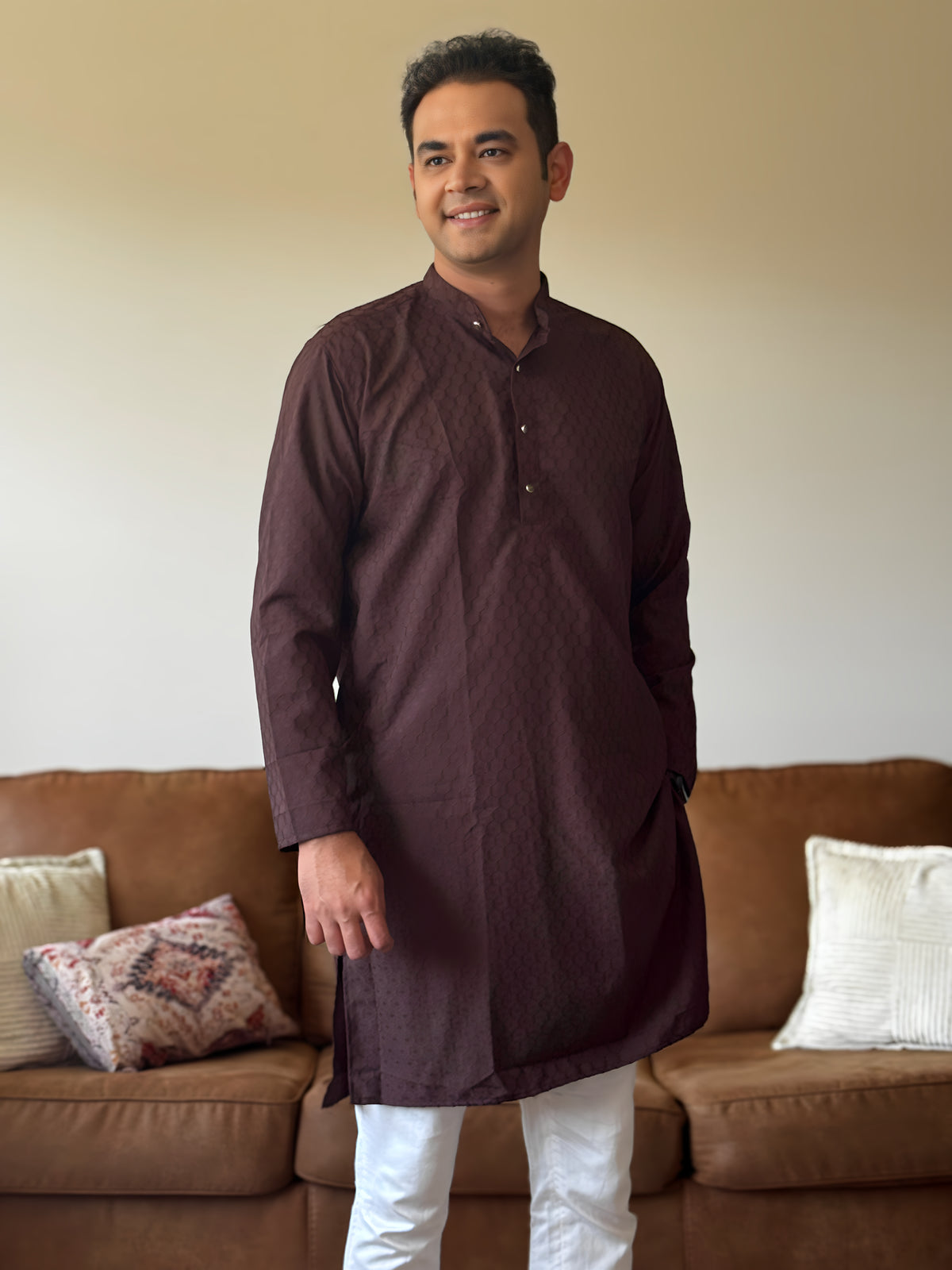 Chocolate Self Print Men Kurta