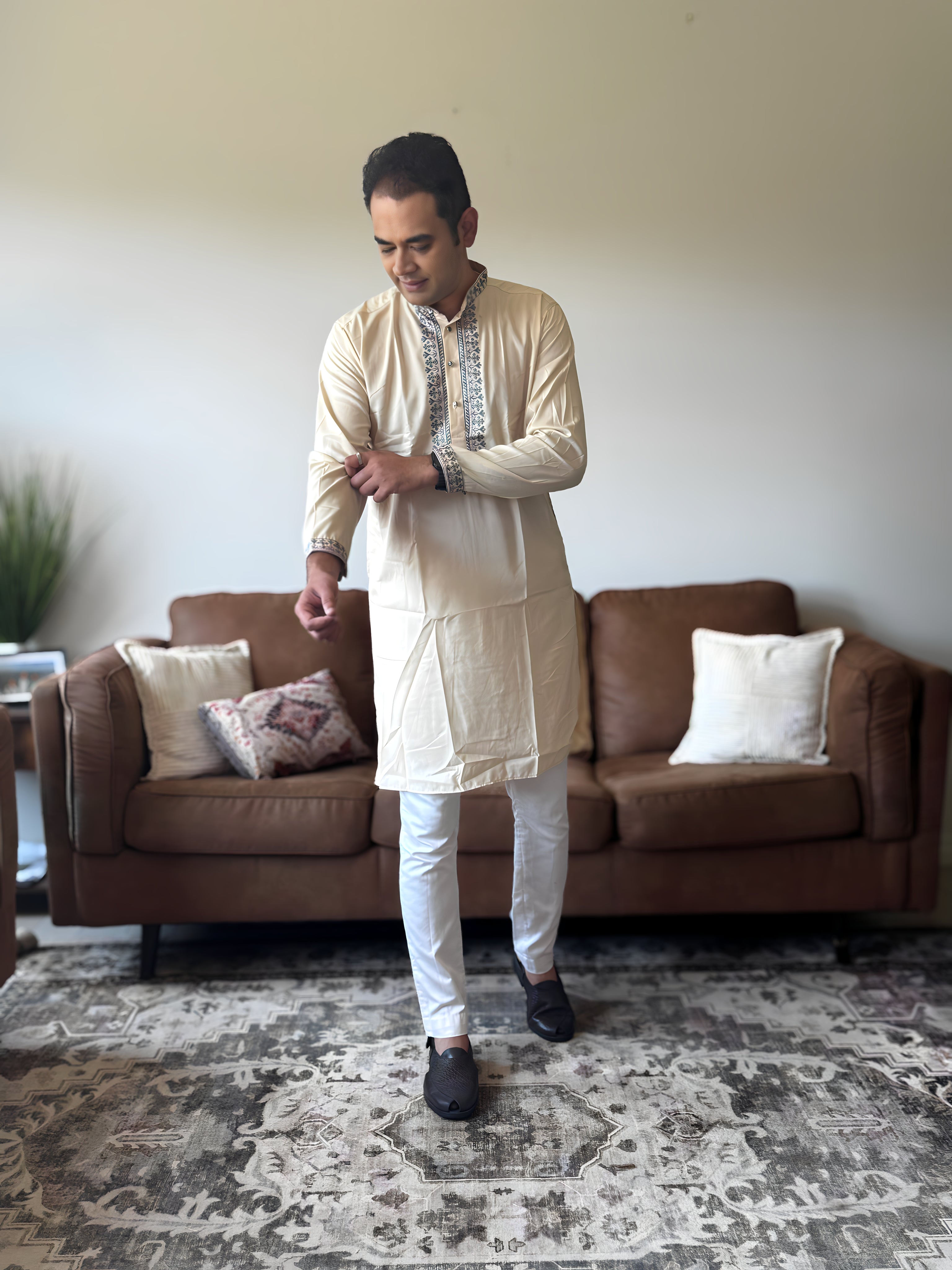 Beige Work Men Kurta