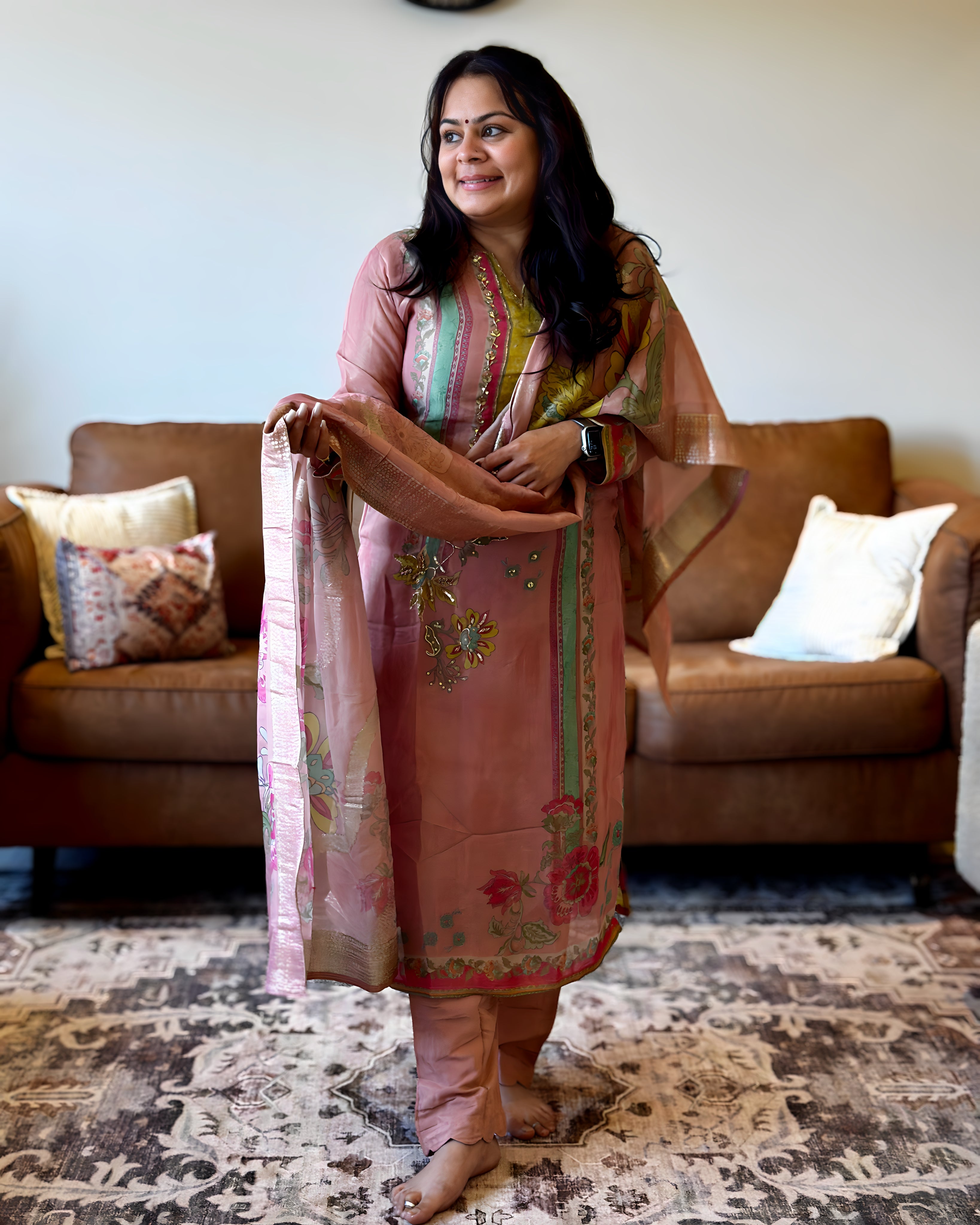 Dhwani wearing Pastel Pink Printed Suit available in Canada and USA