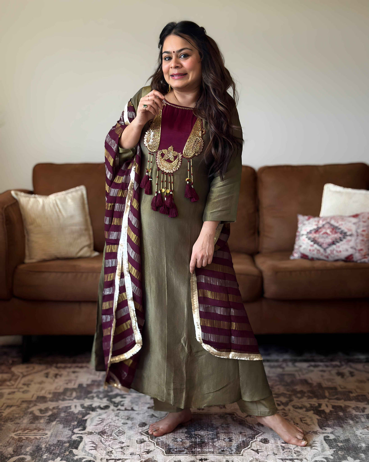 Mehendi Green Tassels Russian Silk Kurta Set for Women