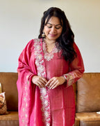 Dhwani wearing premium deep pink dola silk embroidered suit with matching dupatta – Go Desi Canada