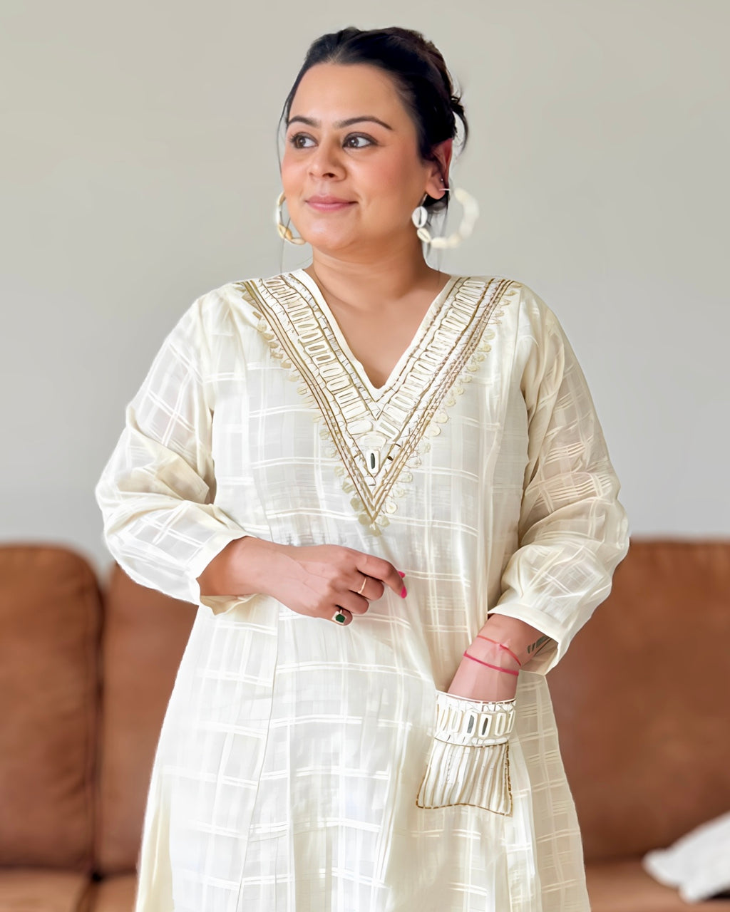 Dhwani wearing premium ivory mul chanderi checkered suit with mirror and zari embroidery – Go Desi Canada
