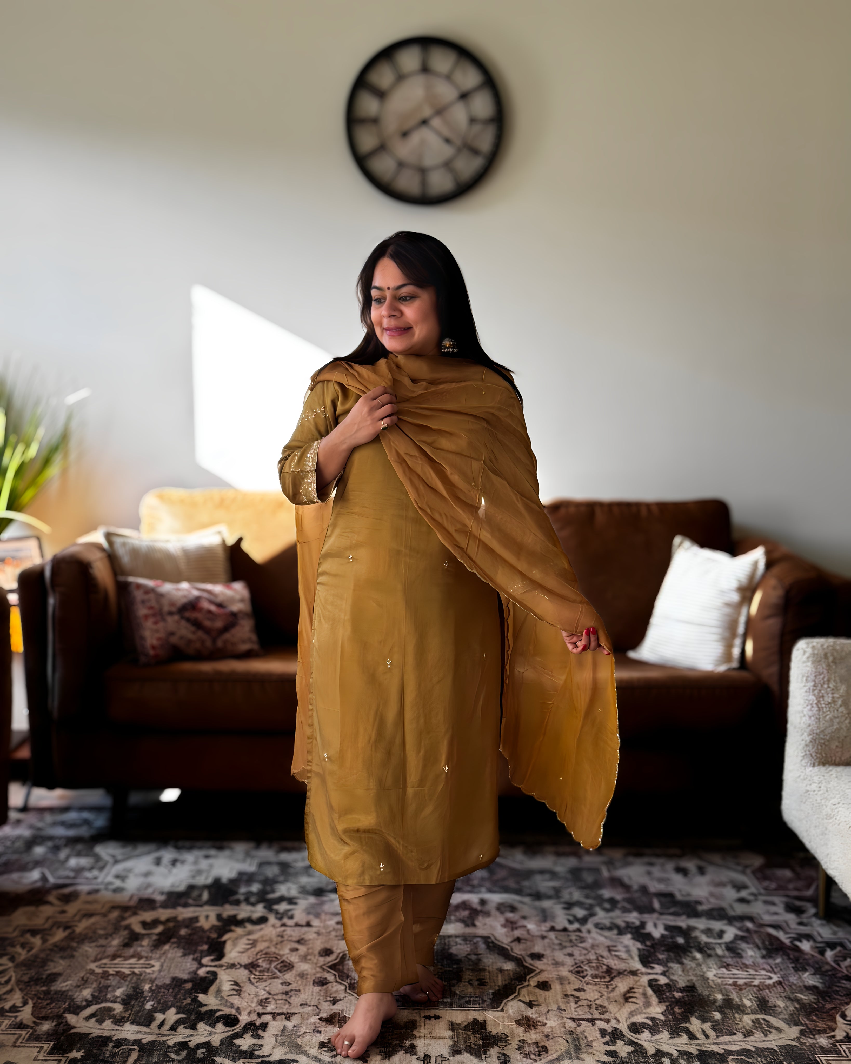 Dhwani wearing premium mustard dola silk suit set with zari embroidery and dupatta – Go Desi Canada