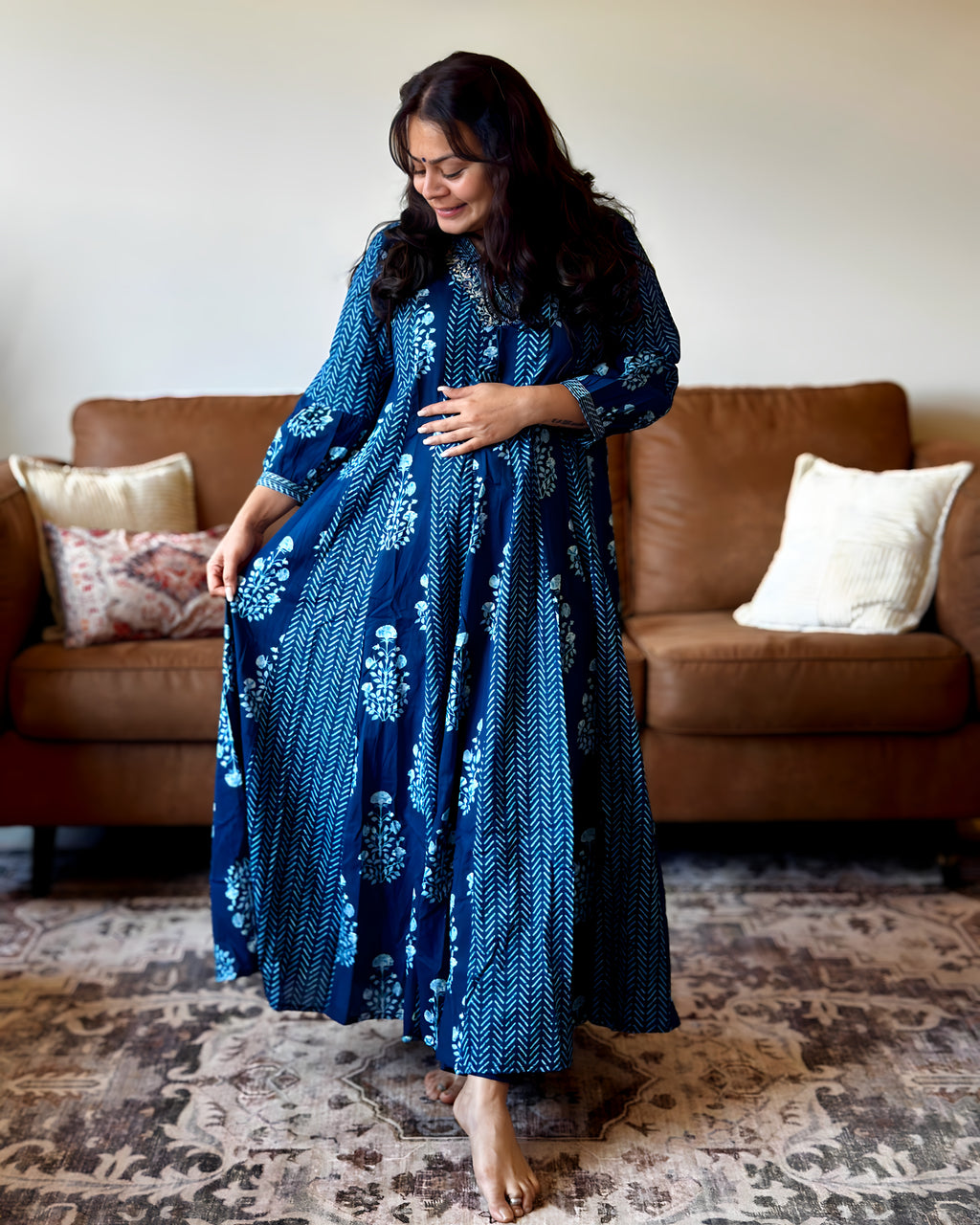 Dhwani wearing indigo blue cotton anarkali suit with hand block print dupatta – Go Desi Canada