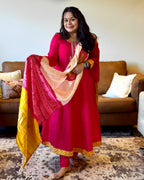 Dhwani wearing Pink & Yellow Bandhani Dupatta dress available in Canada and USA
