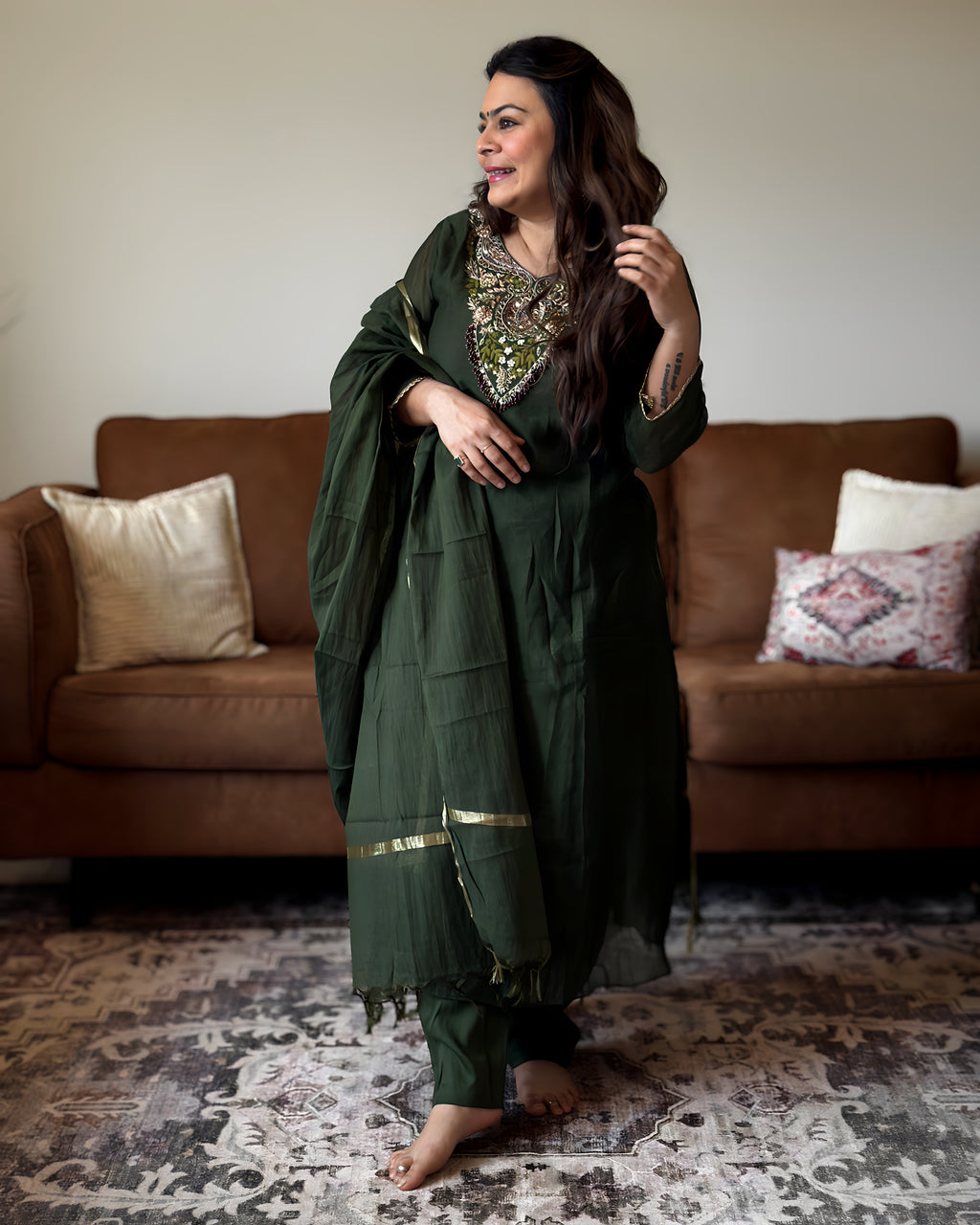 Green Mul Chanderi Kurta Set for Women