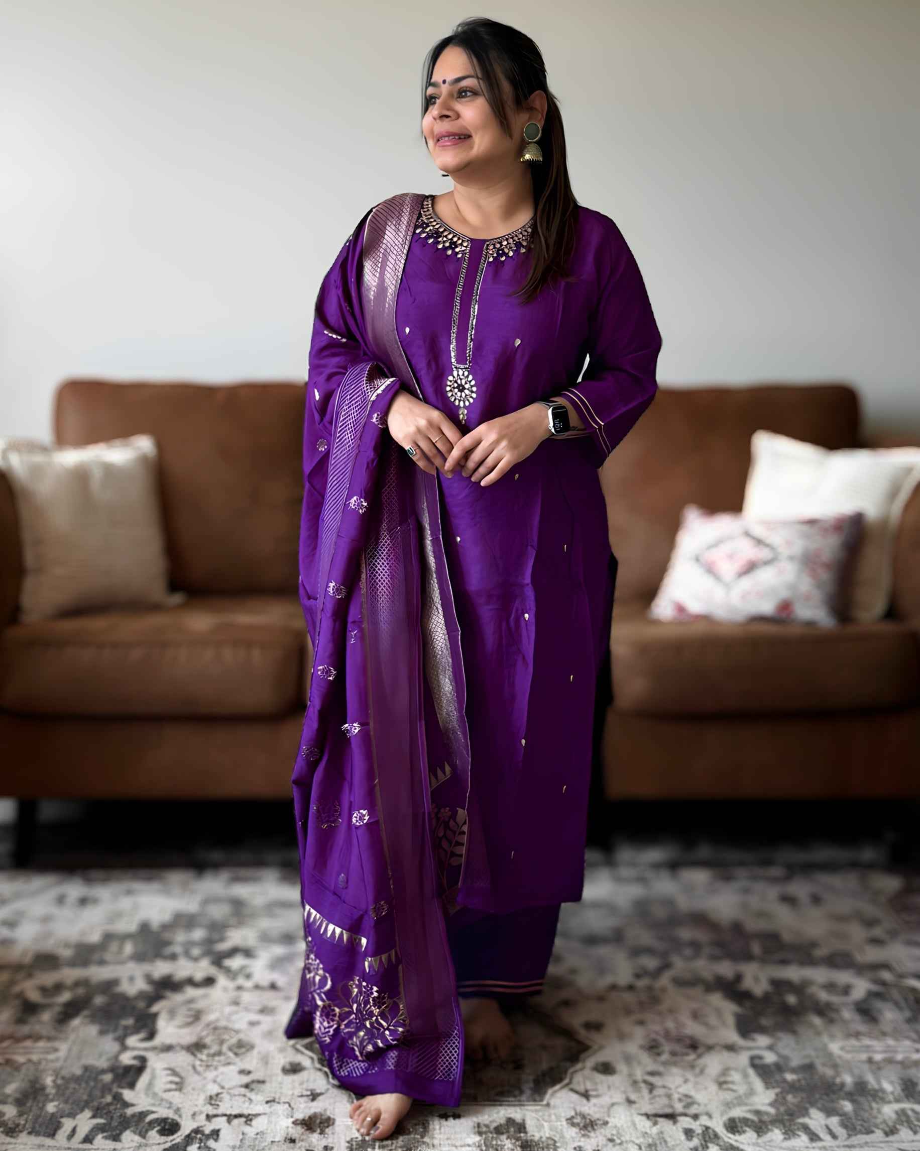 Purple Gota Patti Premium Russian Silk Suit Set – Festive Ethnic Wear with Round Neck