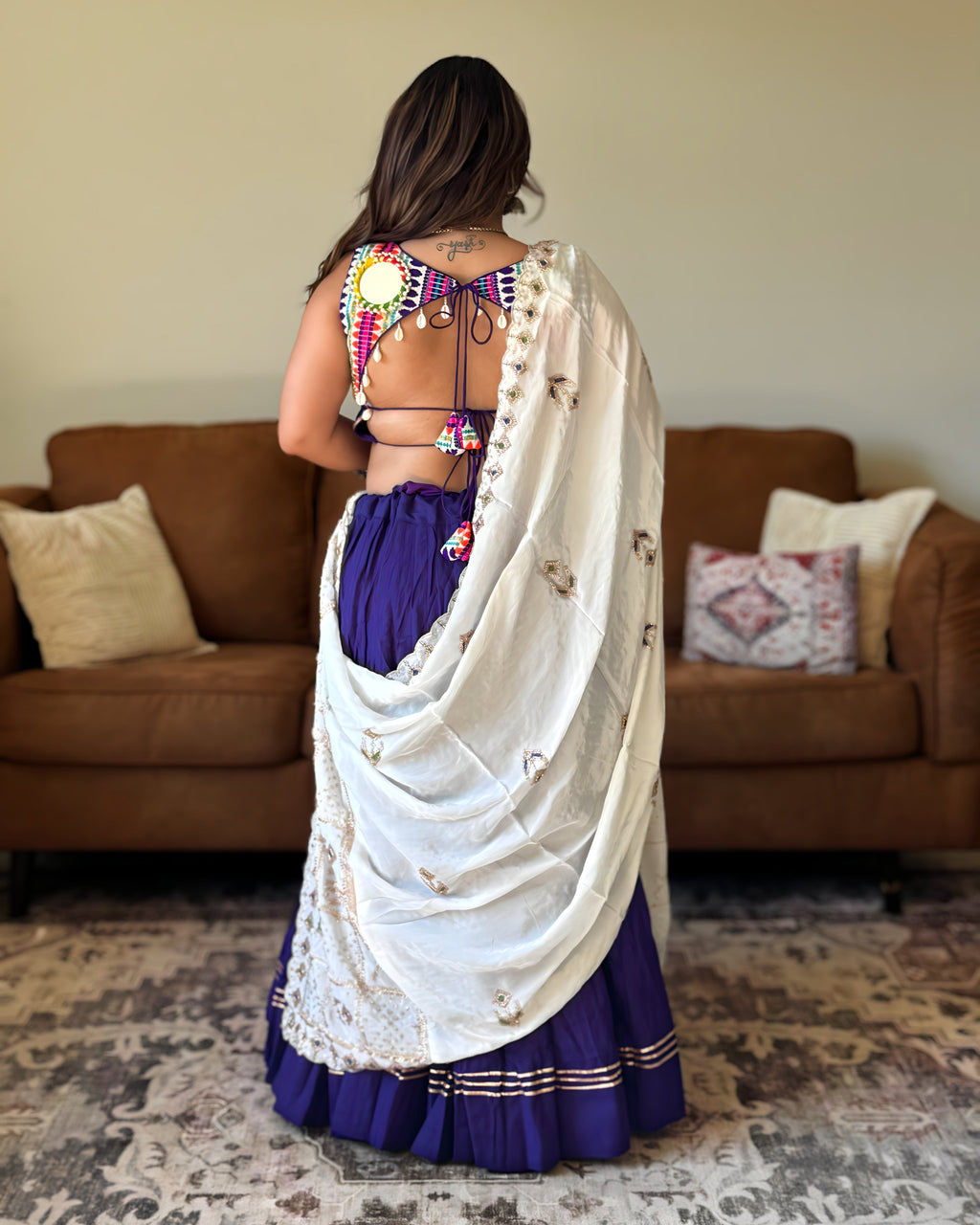 Purple & White Chaniya Choli with Multicolor Blouse – 18 Metre Gher
