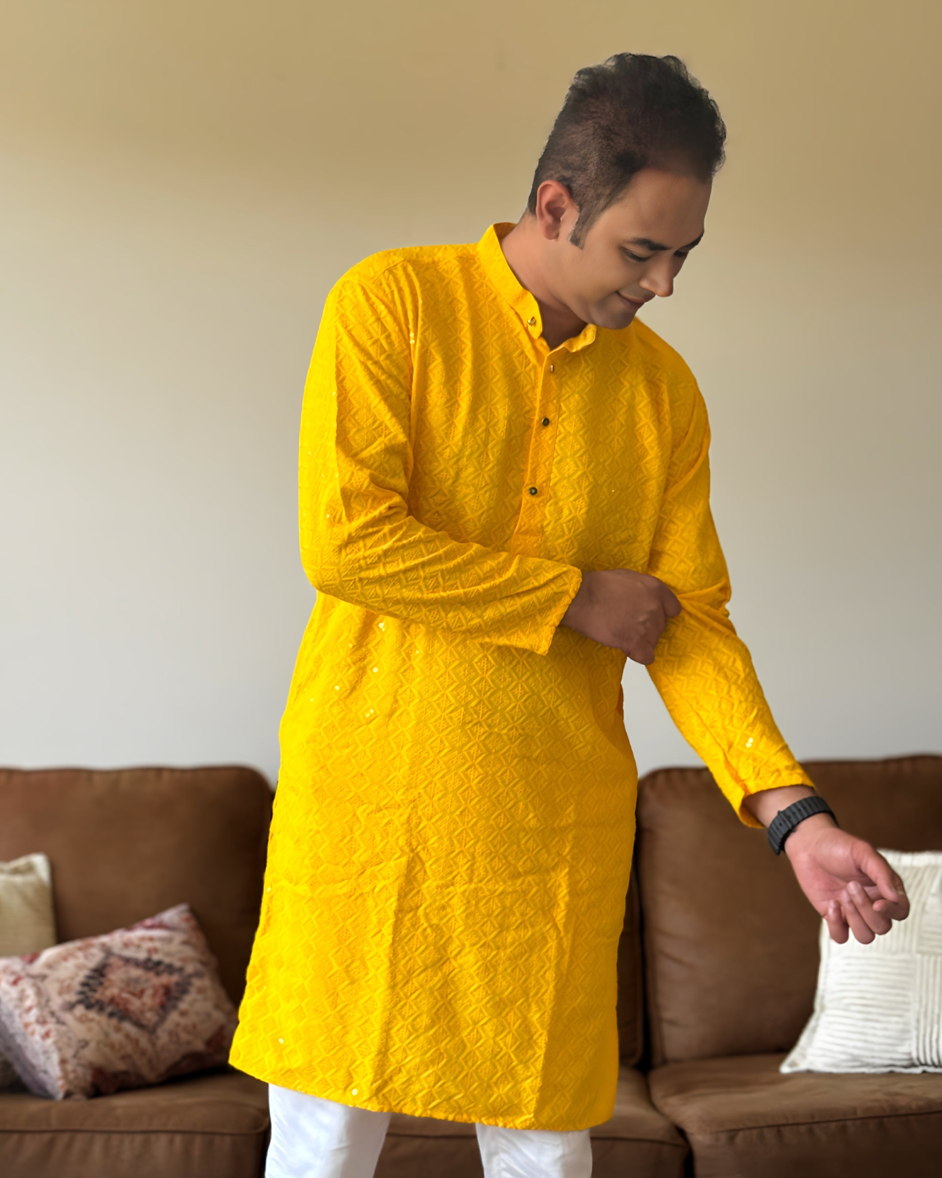 Yellow Lucknowi Men Kurta