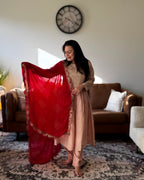 Dhwani wearing premium silk peach anarkali suit with red bandhani dupatta – Go Desi Canada