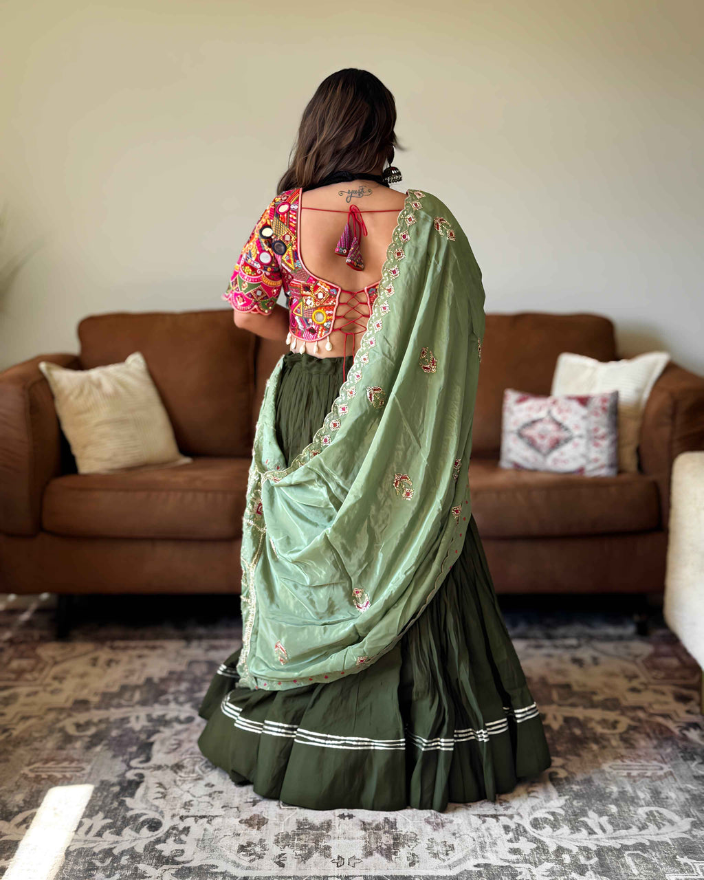 Green Chaniya Choli with Multicolor Blouse – 18 Metre Gher