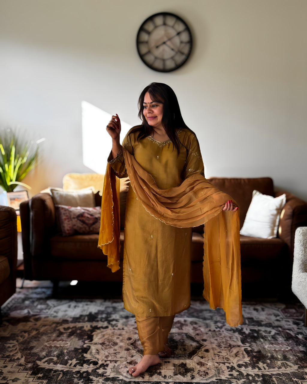 Dhwani wearing premium mustard dola silk suit set with zari embroidery and dupatta – Go Desi Canada
