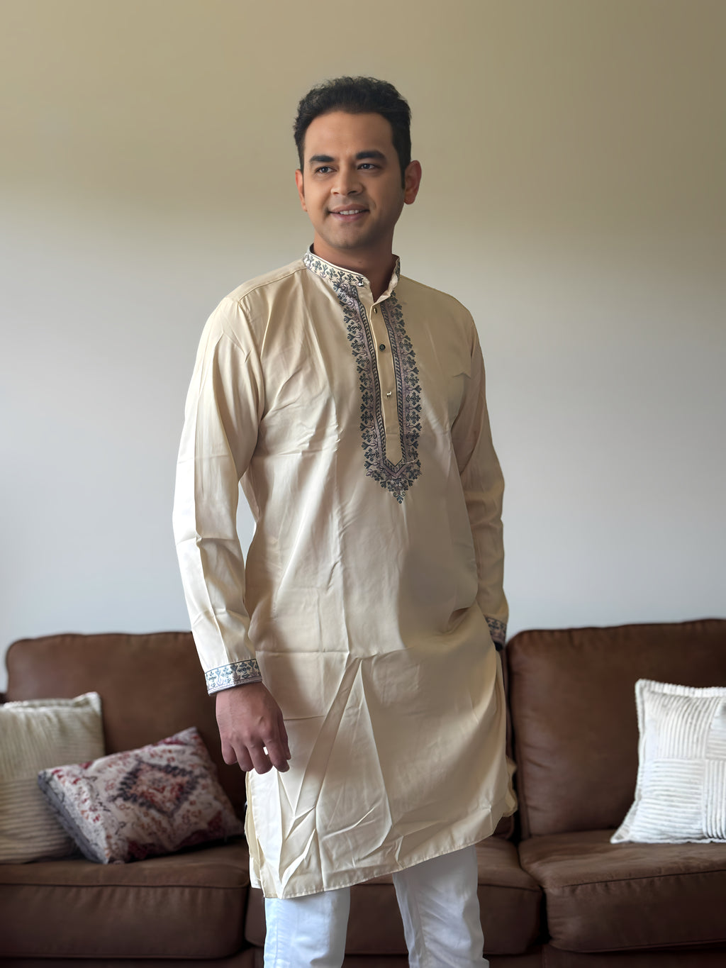 Beige Work Men Kurta