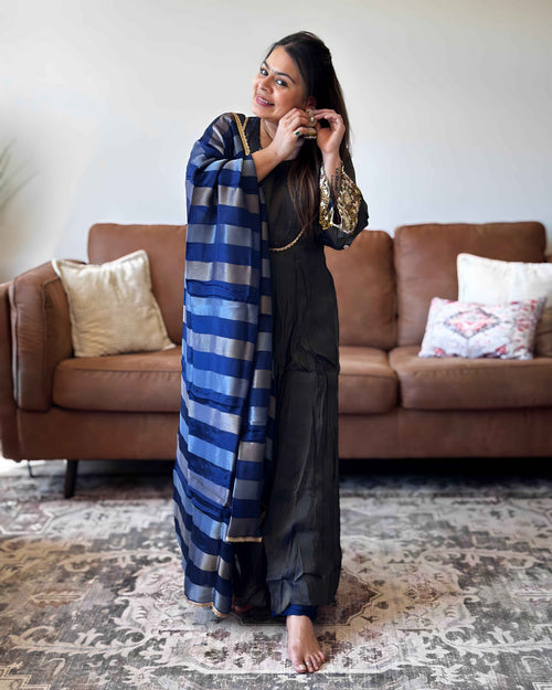 Blue Shimmer Glass Tissue Kurta Set for Women