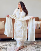 Dhwani wearing ivory glass tissue golden embroidered suit with lace detailing and matching dupatta – Go Desi Canada
