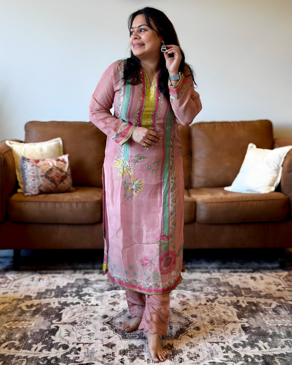 Dhwani wearing Pastel Pink Printed Suit available in Canada and USA