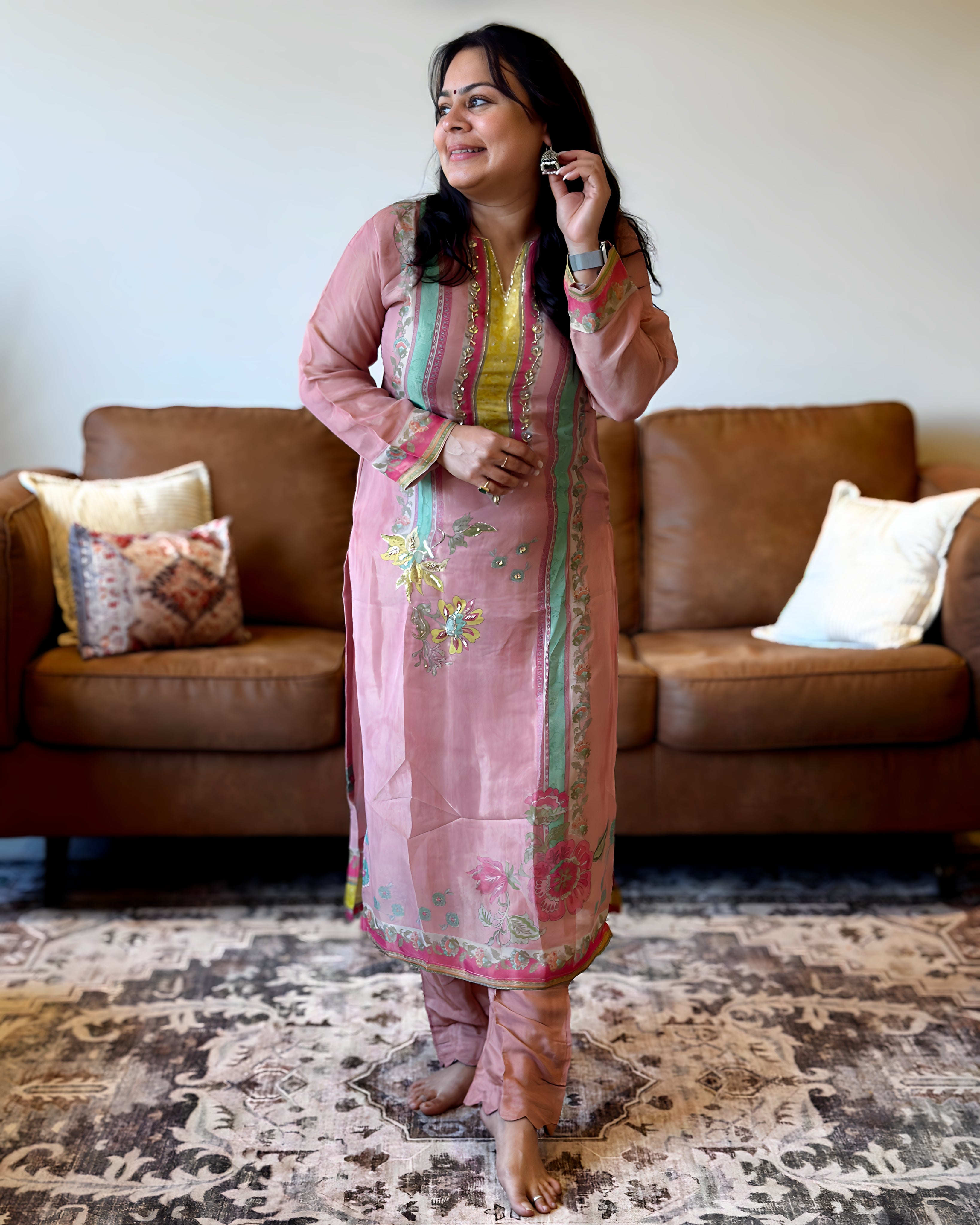 Dhwani wearing Pastel Pink Printed Suit available in Canada and USA