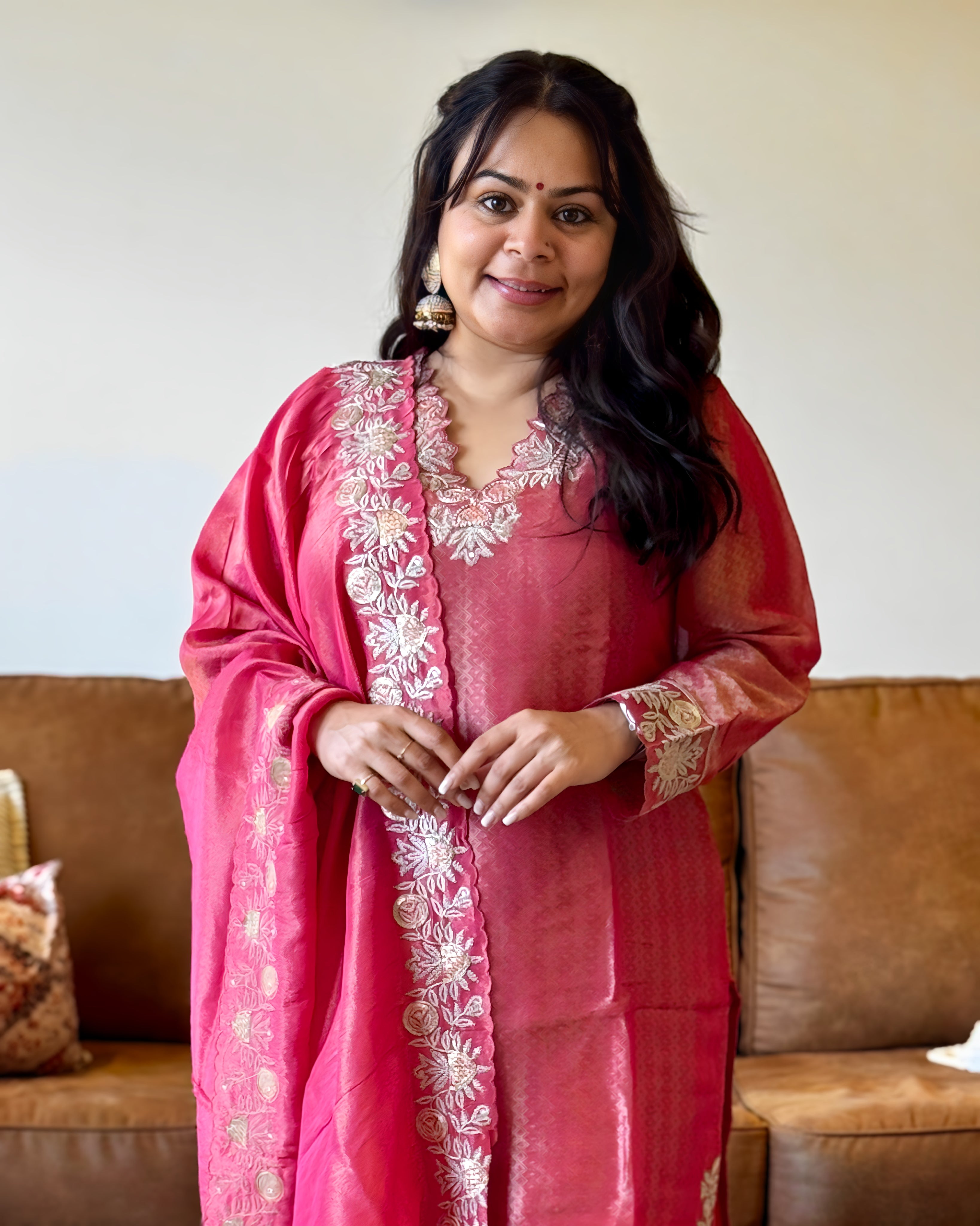 Dhwani wearing premium deep pink dola silk embroidered suit with matching dupatta – Go Desi Canada