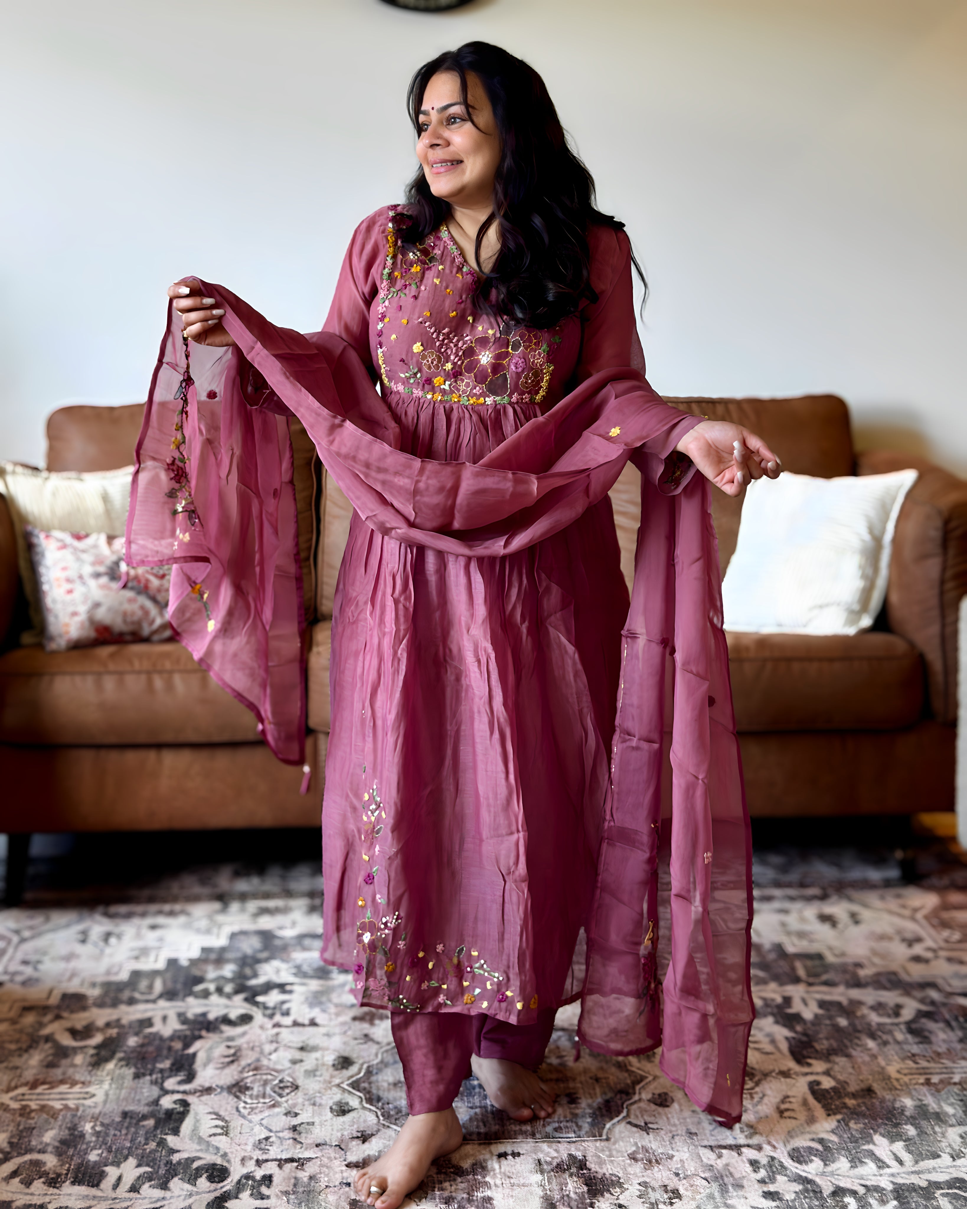 Dhwani wearing purple mul chanderi floral embroidered anarkali suit with matching dupatta – Go Desi Canada
