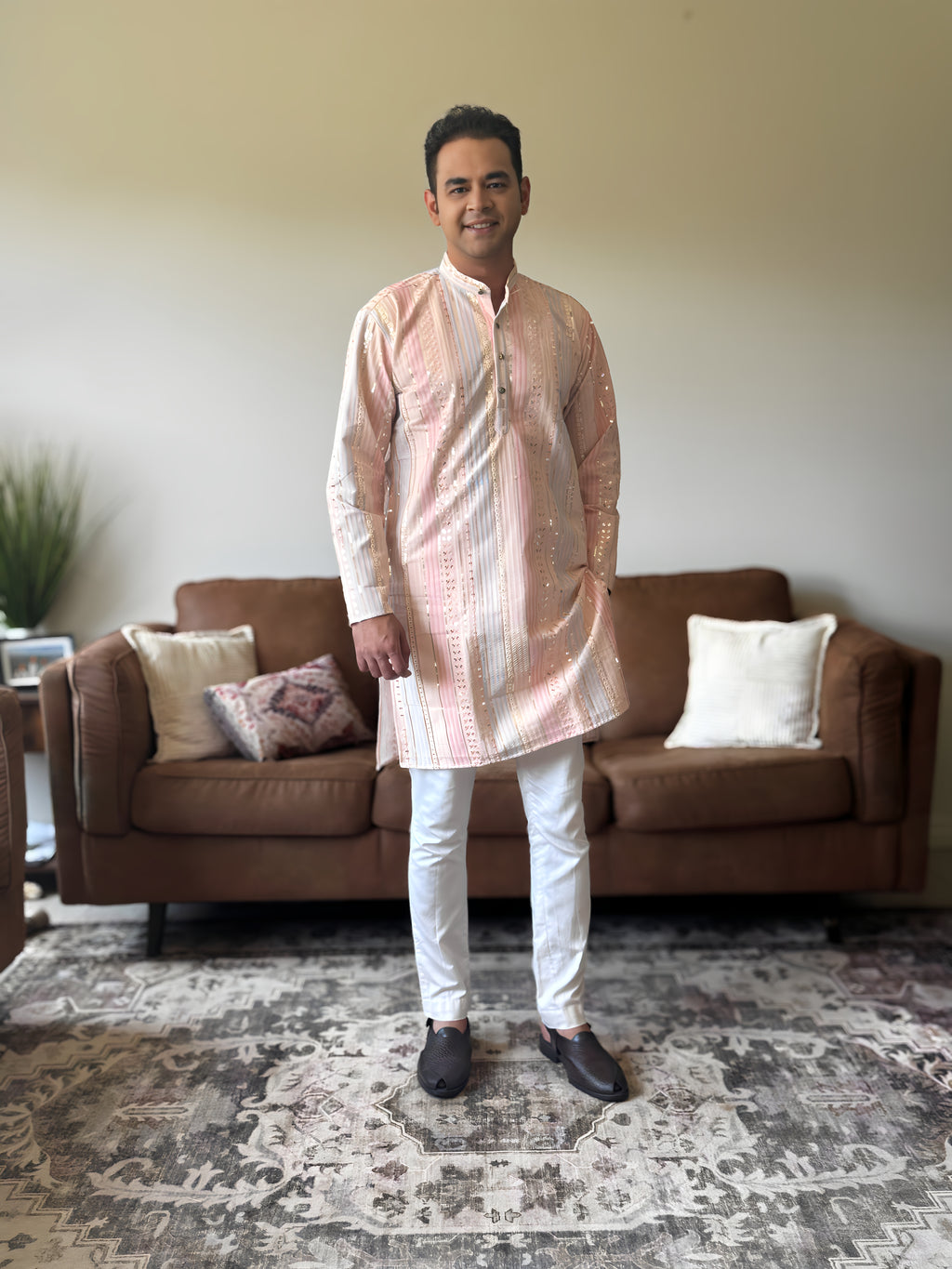 Pastel Pink Thread Work Men Kurta 