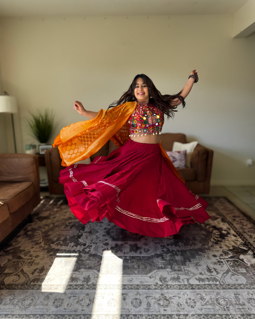 Red Multicolor Chaniya Choli with Authentic Orange Bandhani Dupatta – 18 Metre Gher