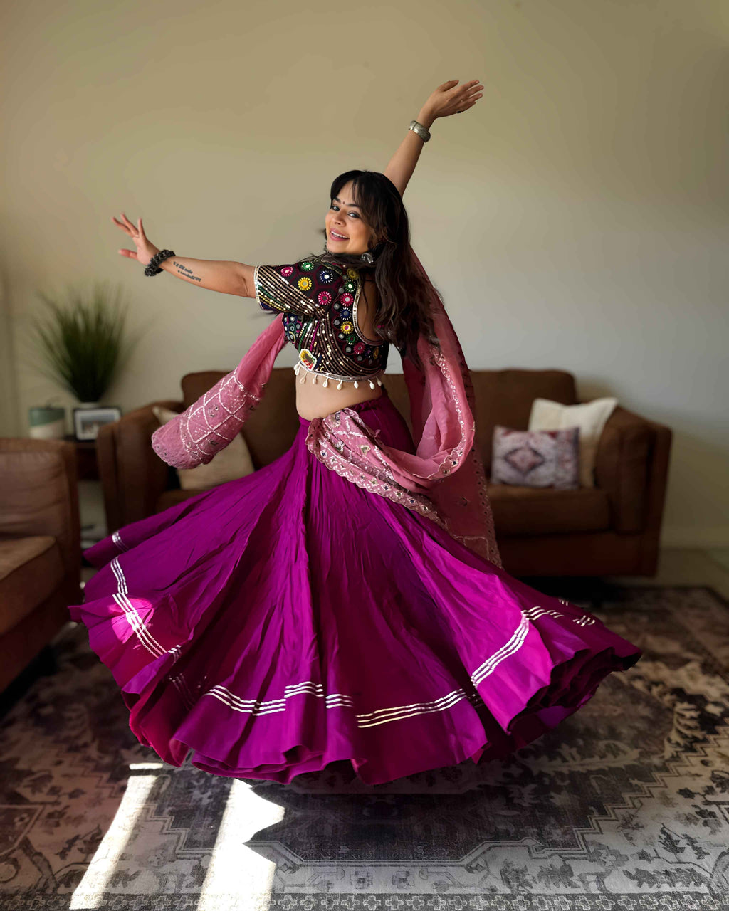 Black & Purple Chaniya Choli with Pink Dupatta – 18 Metre Gher