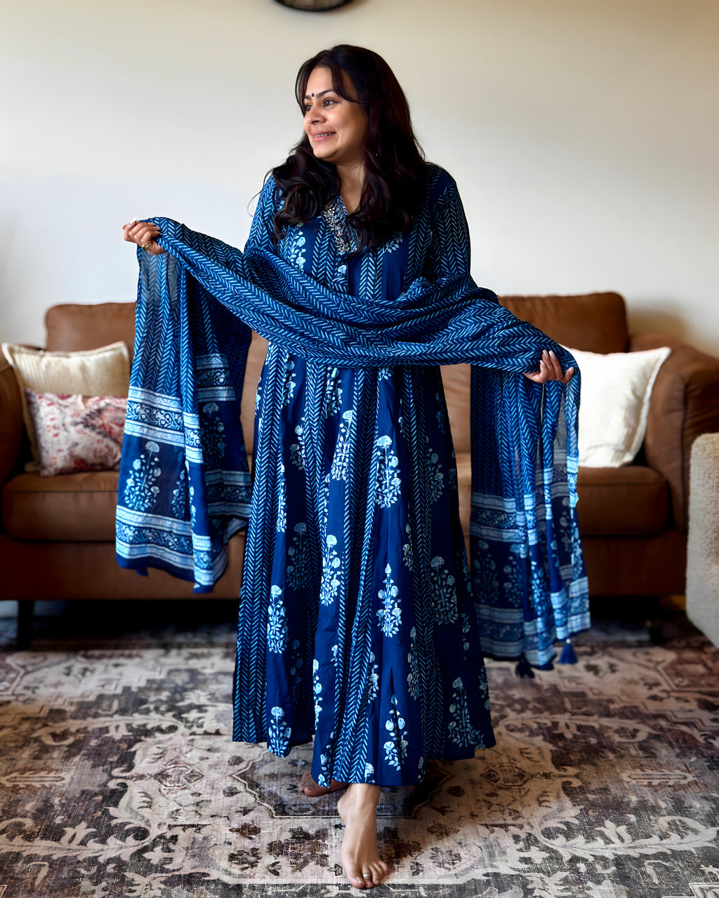 Dhwani wearing indigo blue cotton anarkali suit with hand block print dupatta – Go Desi Canada