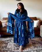 Dhwani wearing indigo blue cotton anarkali suit with hand block print dupatta – Go Desi Canada