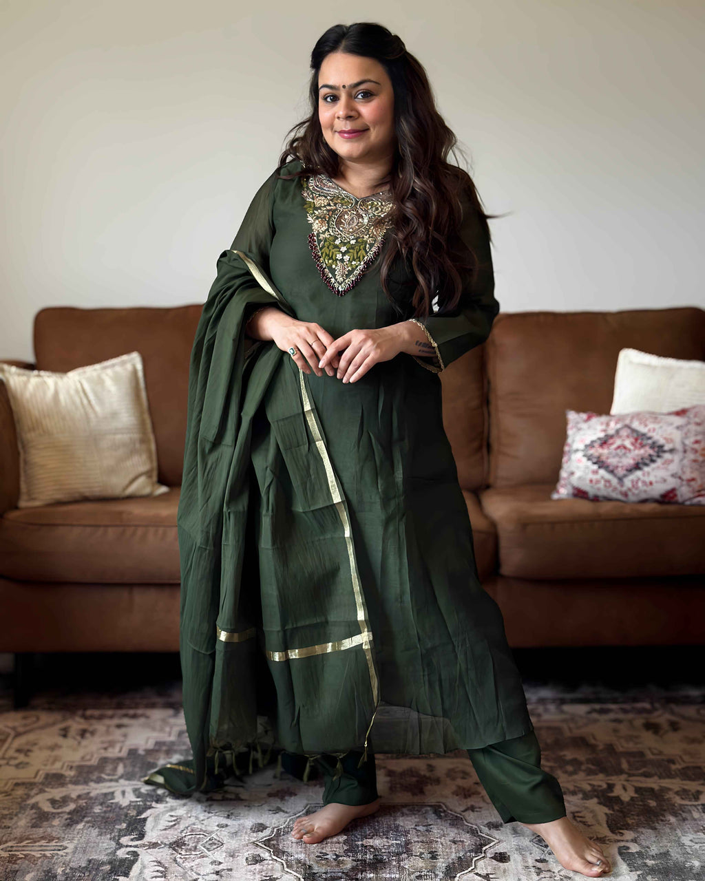 Green Mul Chanderi Kurta Set for Women