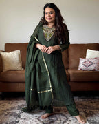 Green Mul Chanderi Kurta Set for Women
