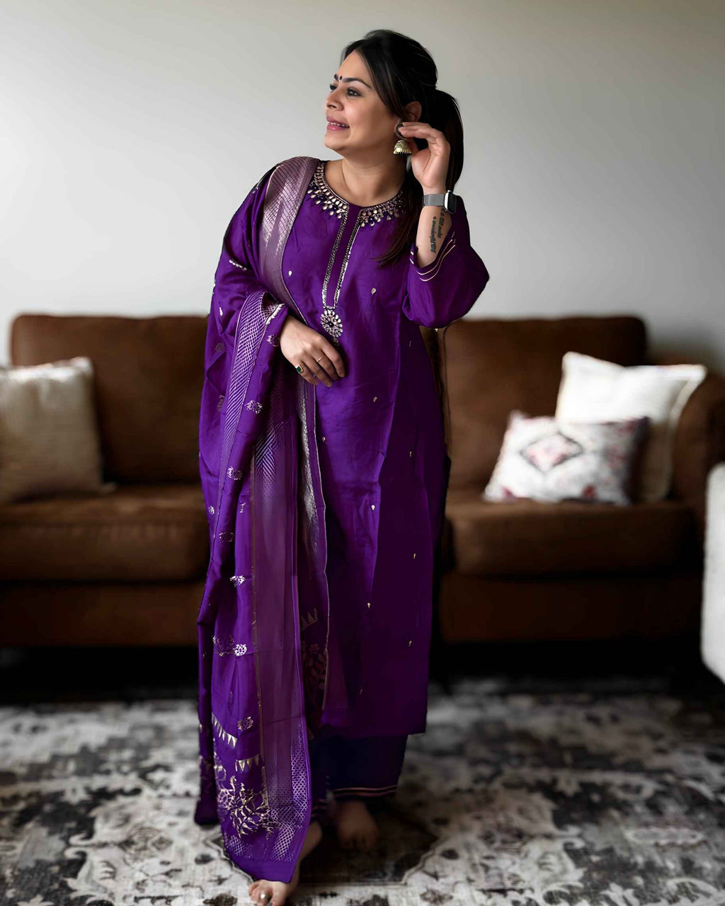 Purple Gota Patti Premium Russian Silk Suit Set – Festive Ethnic Wear with Round Neck