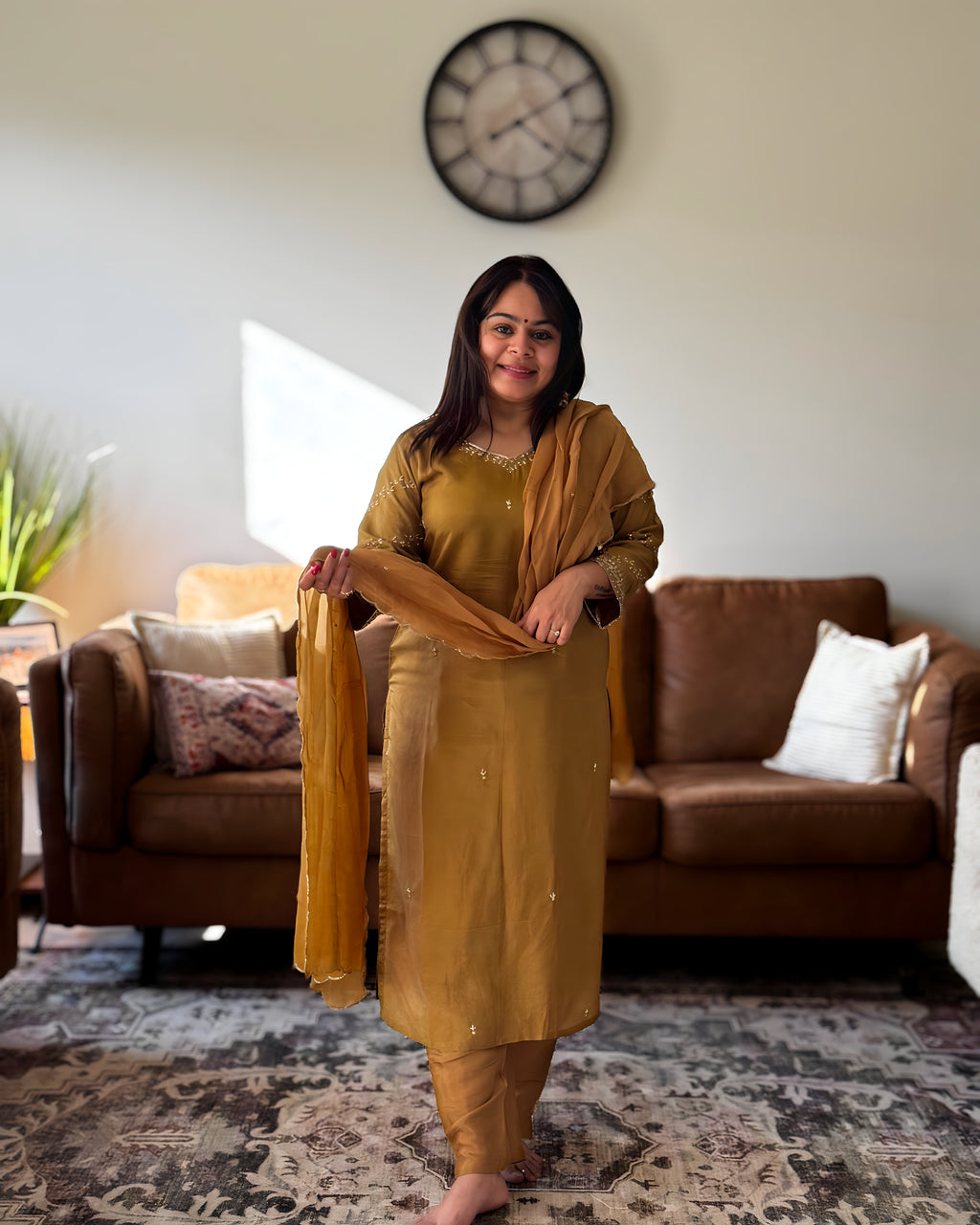 Dhwani wearing premium mustard dola silk suit set with zari embroidery and dupatta – Go Desi Canada