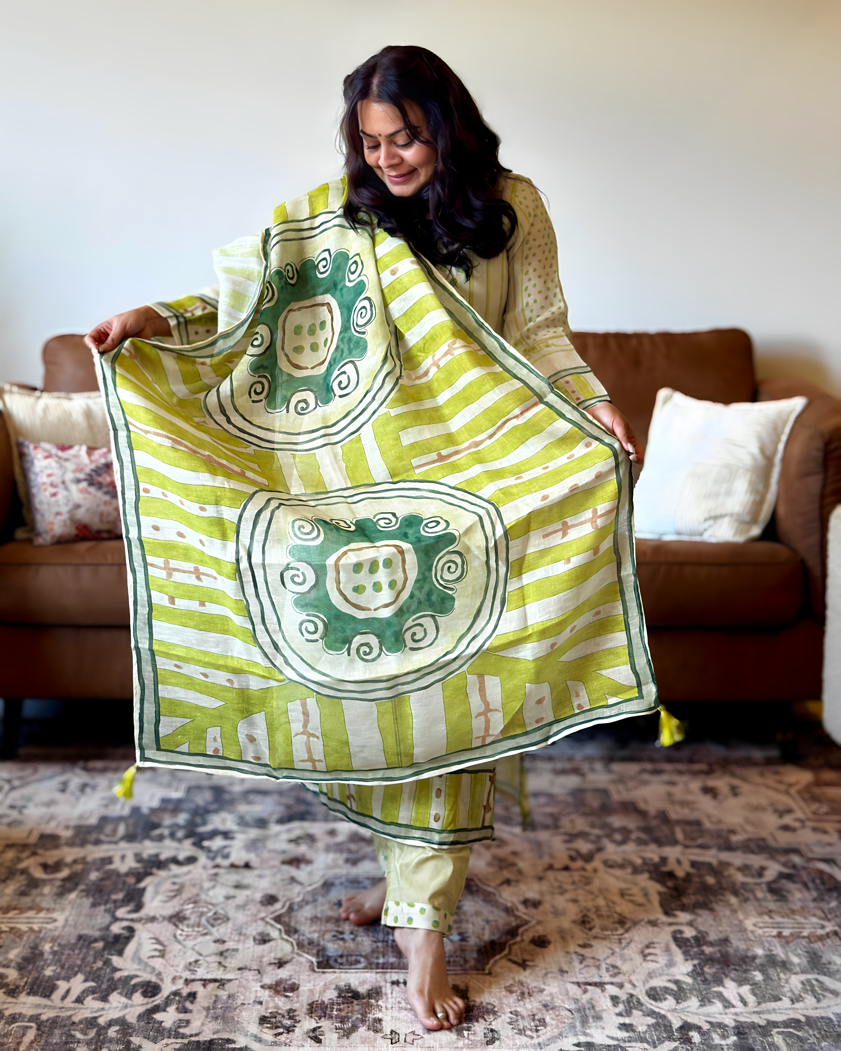Dhwani wearing premium cotton green printed suit with embroidered neckline and matching dupatta – Go Desi Canada