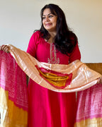 Dhwani wearing Pink & Yellow Bandhani Dupatta dress available in Canada and USA
