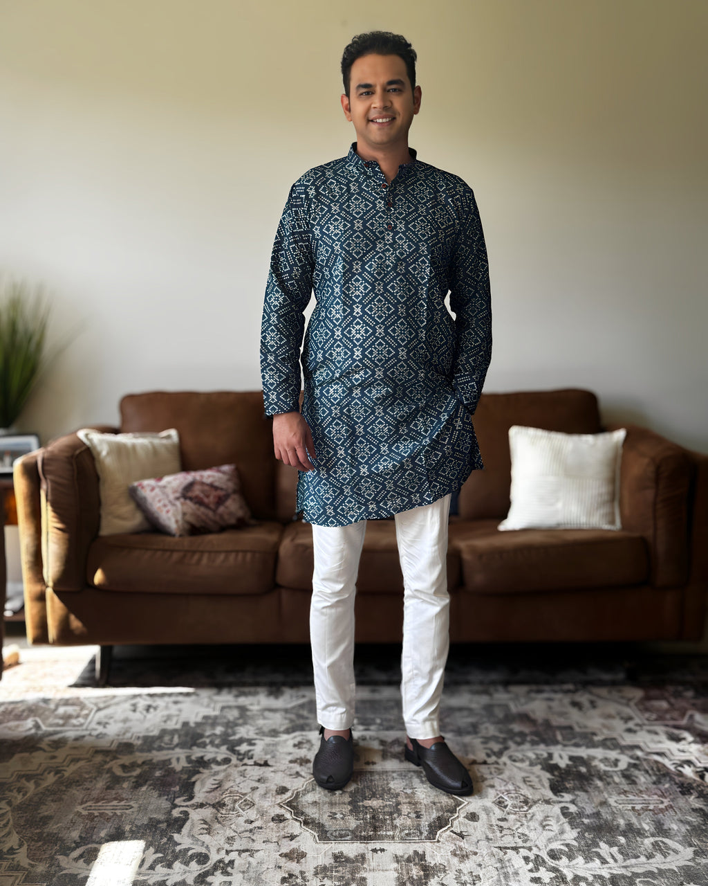 Blue Bandhani Men Kurta