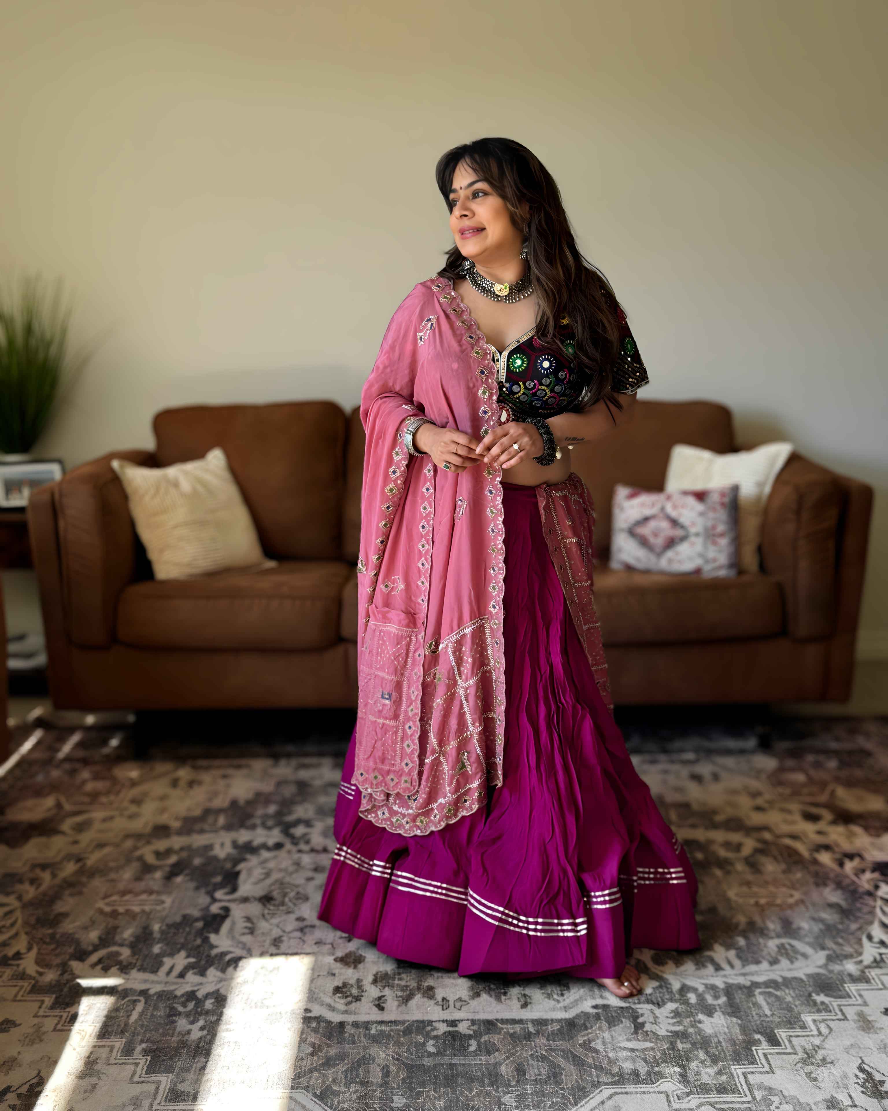 Black & Purple Chaniya Choli with Pink Dupatta – 18 Metre Gher