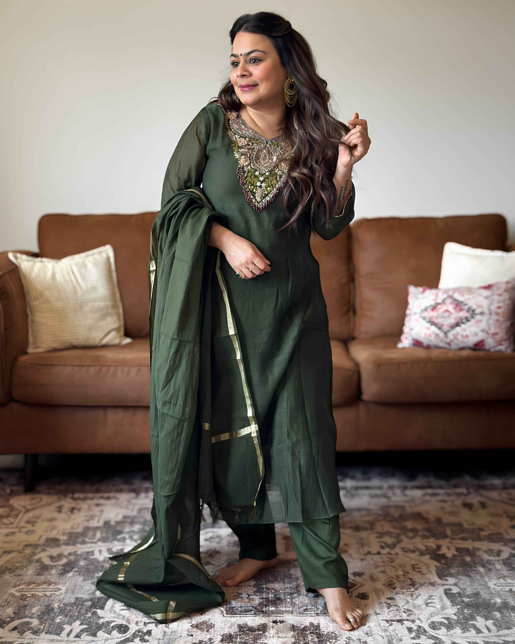 Green Mul Chanderi Kurta Set for Women