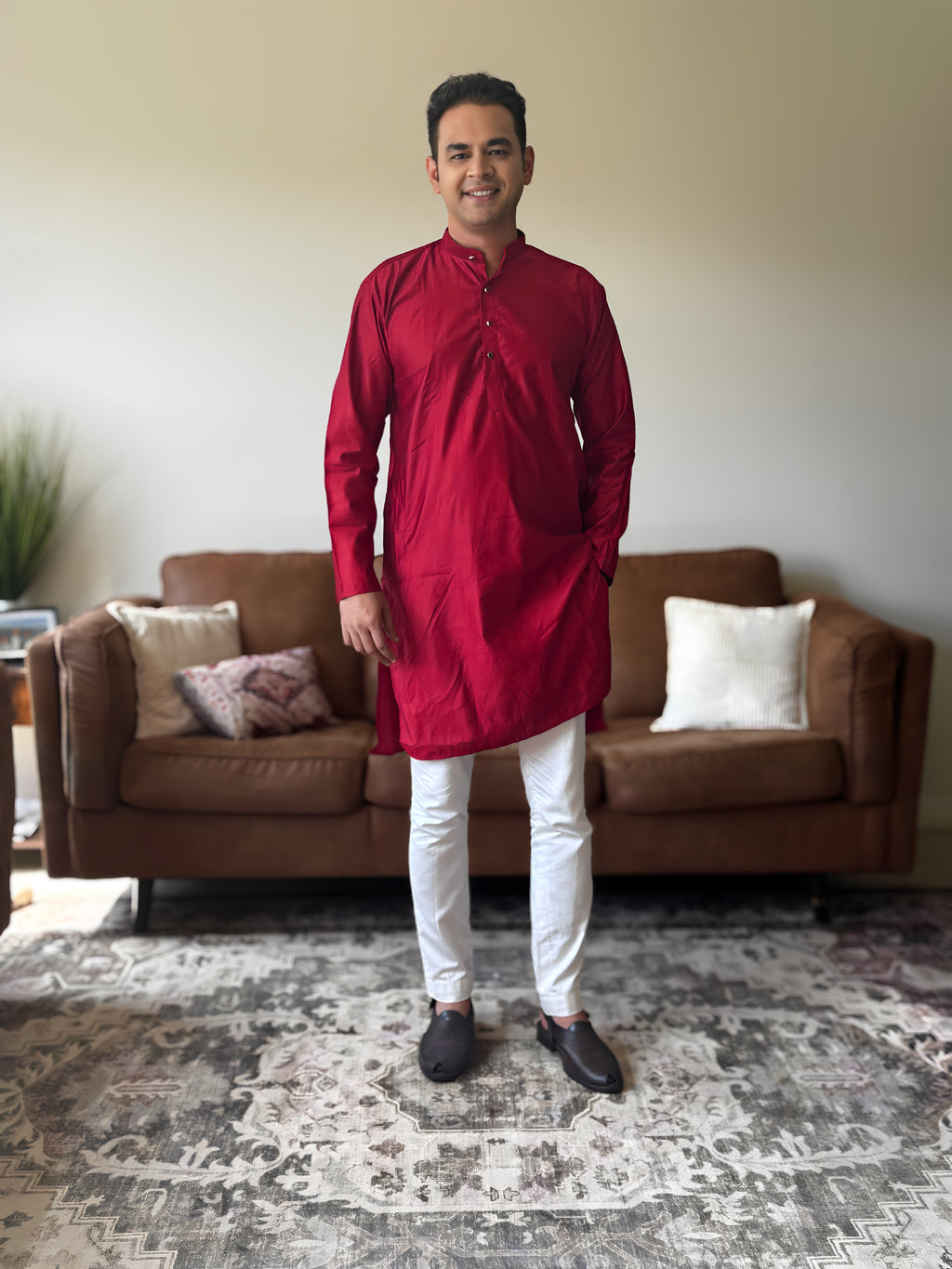 Red Plain Men Kurta