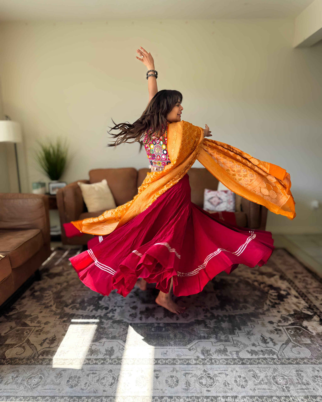 Red Multicolor Chaniya Choli with Authentic Orange Bandhani Dupatta – 18 Metre Gher