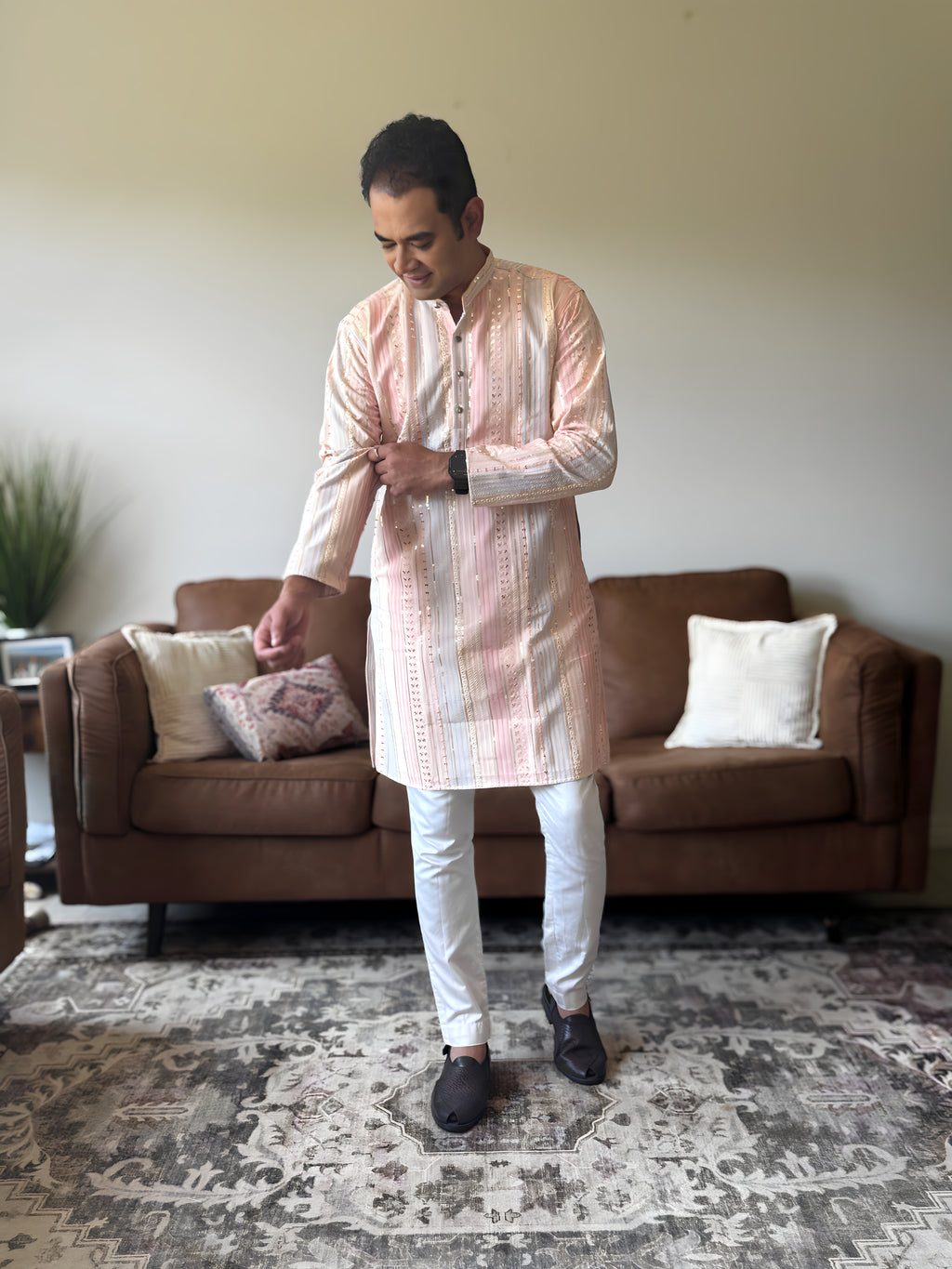 Pastel Pink Thread Work Men Kurta 